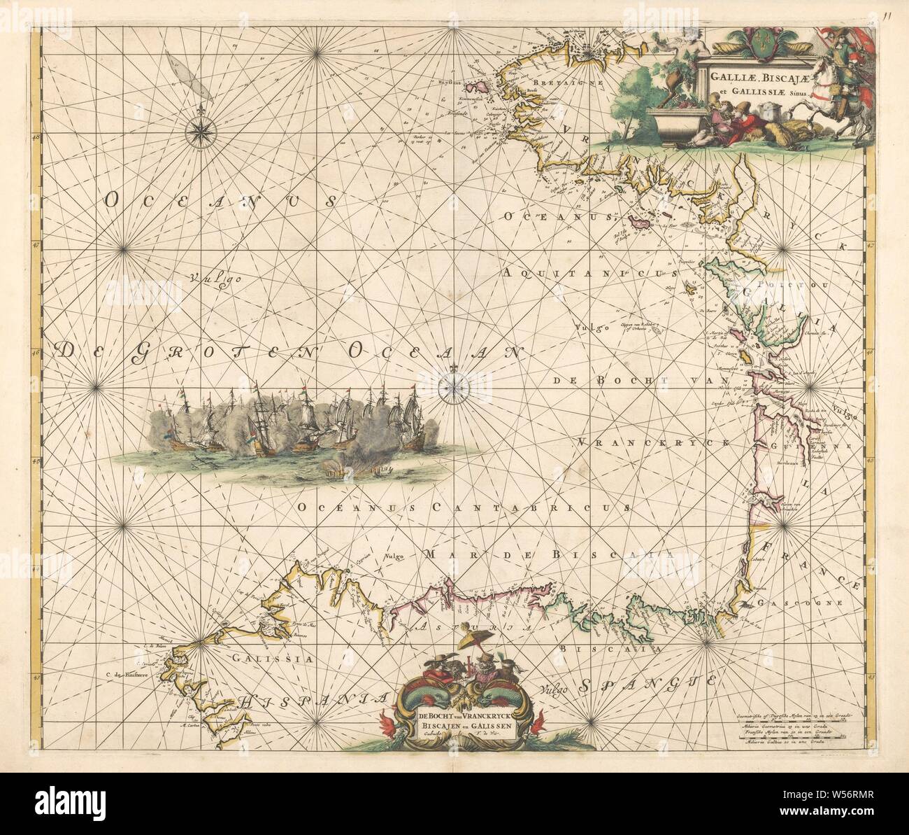 Sea chart of the Bay of Biscay, The Bay of Vranckryck Biscay and Galissen / Galliae, Biscajae et Gallissiae (title on object), the Atlantic coast between Brittany and north-west Spain. In the sea two compass roses and a battle with Dutch ships. Top right a cartouche with the Latin title decorated with the French coat of arms, a horseman, two men who eat and drink and a satyr with bunches of grapes. Bottom center a cartouche with the Dutch title. This cartouche decorated with fish, the Golden Fleece and various Spaniards. Bottom right two scale sticks in German and French miles. Numbered top Stock Photo