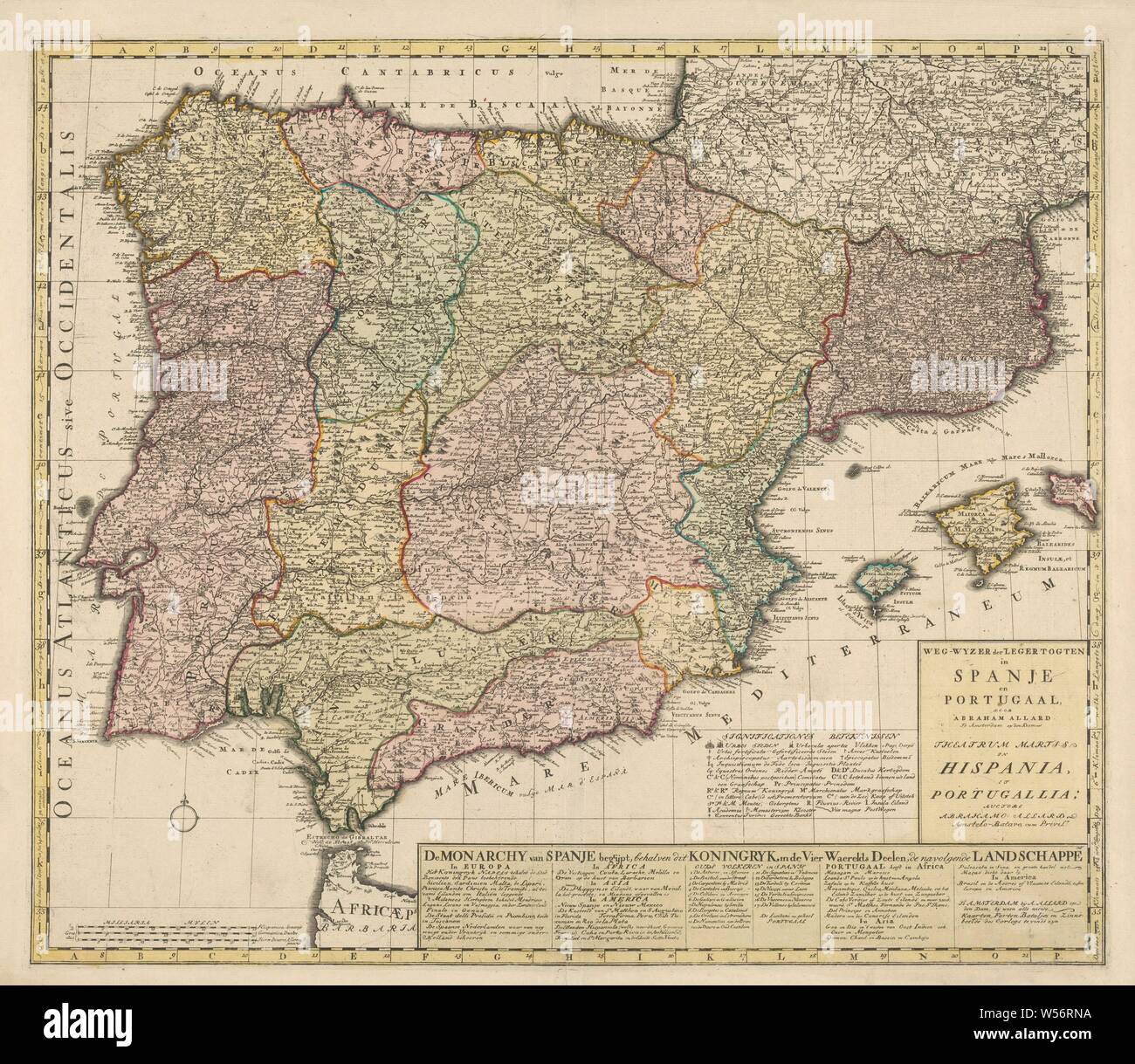 Cartography in the Netherlands, map of Spain and Portugal, Map of Spain and Portugal, colored areas, yellow borders. R.o. legend, m.o. to r.o. text (enumeration in six columns that also include Portugal's possessions). L.o. compass rose and scale in Spanish and German miles and times. Inscription, r.o .: -WHERE OF THE ARMY DOGS / in SPAIN / en / PORTUGAL - THEATER MARTIS / IN / HISPANIA / ET / PORTUGALIA. Signed, r.o .: By ABRAHAM ALLARD / AUCTORE ABRAHAMO ALLARD., Abraham Allard, Amsterdam, 1675 - 1725, paper, engraving, h 50.4 cm × w 58.6 cm Stock Photo