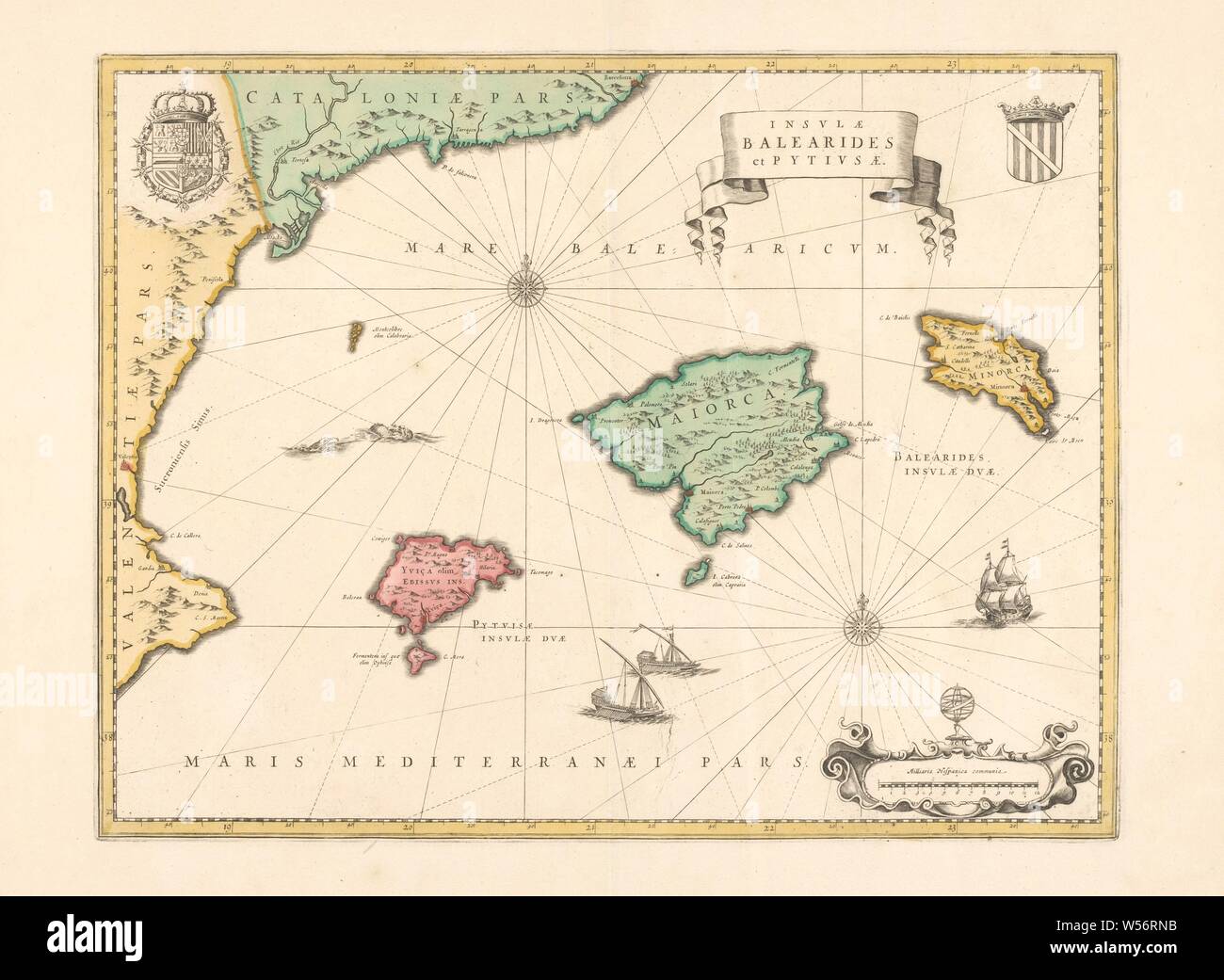 Cartography in the Netherlands, map of the Balearic and Pityus and coast of Spain, Map of Balearic and Pityus and part of coast of Spain, bordered yellow, colored areas, 2 compass roses: m.b. and r.o. Crowned coat of arms r.b, crowned coat of arms with golden fleece l.b .. Ships in the sea, r.o. scale in Spanish miles with a globe on it. Inscription, r.b .: INSVLAE / BALEARIDES / et PITYVSAE, Balearic Islands, Willem Janszoon Blaeu, Amsterdam, 1600 - 1650, paper, engraving, h 37.9 cm × w 49.2 cm Stock Photo