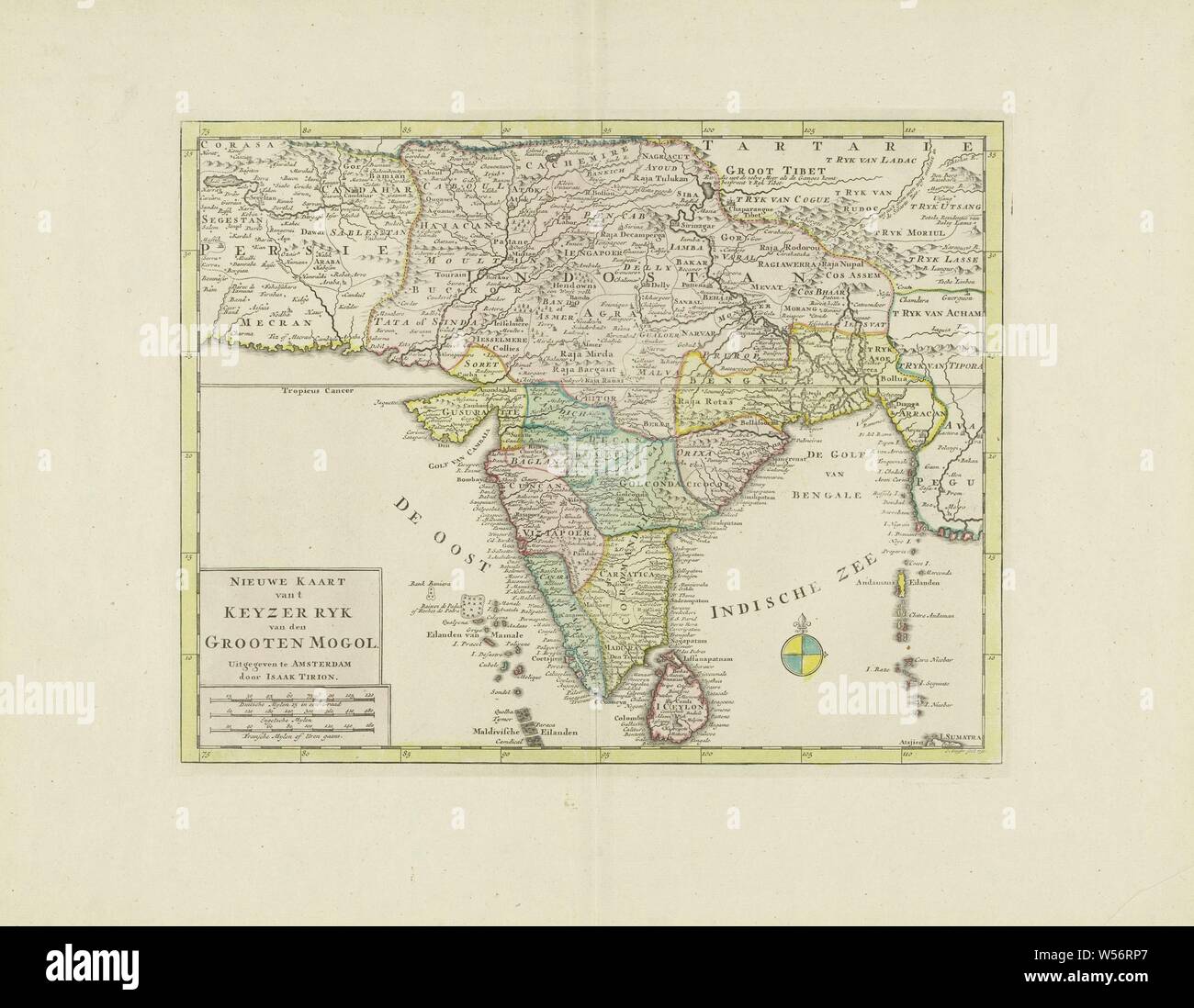 Map of India, New map of 't Keyzerryk van den Grooten Mogol (title on object), different areas colored differently, bottom right compass rose, bottom left under inscription the scale in German, English and French miles (1: 12.5 million), maps of separate countries or regions, India, Sri Lanka, Jacob Keyser (mentioned on object), Amsterdam, 1730 and/or 1744, paper, engraving, h 284 mm × w 364 mm Stock Photo