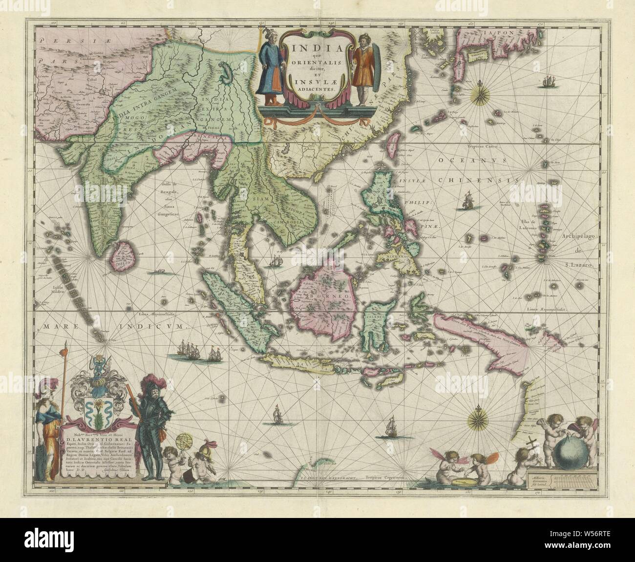 Map of Indonesia and part of Southeast Asia, India with Orientalis dicitur et Insulae adiacentes (title on object), Map of Indonesia and a part of Southeast Asia. The different areas are colored differently. In the top center on either side of the title cartouche standing men in 'Asian' costume. Below left the assignment to Laurens Real surrounded by coat of arms, Minerva, knight in armor and putti. Bottom right scale in German miles surrounded by putti with cartogriafic instruments. Ships in the sea here and there. On the right two compass roses, maps of separate countries or regions Stock Photo