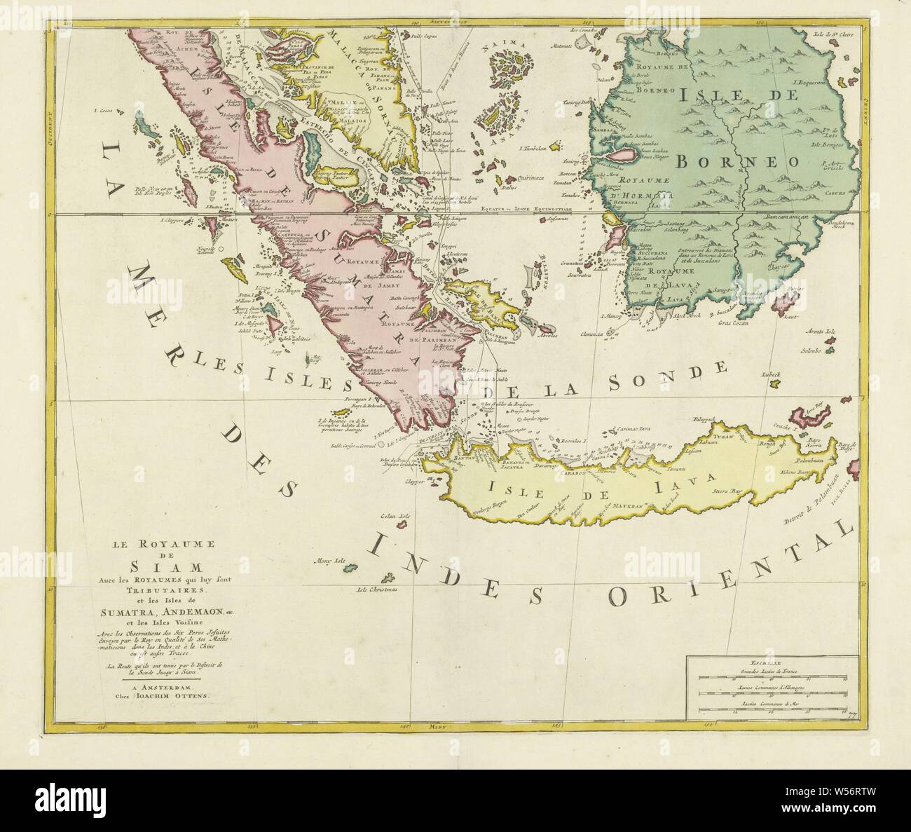Map of the Kingdom of Siam (lower half), Le Royaume de Siam, avec les royaumes qui lui sont tributaires and les iles de Sumatra, Andemaon, etc, et les iles Voisines (title on object), Map of the Kingdom of Siam (Kingdom of Ayutthaya) and its vassal states. Different areas colored differently. Depicted are the islands of Sumatra, Java and Borneo and part of Malacca. A dotted line and a normal line indicate the route of the Jesuit cartographers, sent by the king, through the area, from top to center. Bottom right scale in French, German and nautical miles. Bottom part of a map of the entire Stock Photo