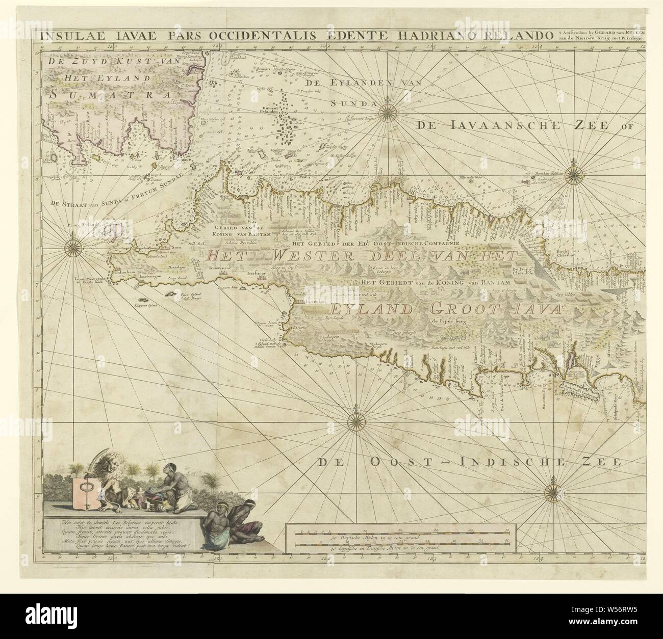 Map of the western part of Java, Insulae Iavae Pars Occidentalis Edente Hadriano Relando (title on object), Map of West Java and a tip of Sumatra (inks above). There are five compass roses. There are topographical details on the map: rice fields, mountains, lighthouses, elephants, etc. On the left a hymn on the Netherlands as a colonizing nation with an allegorical representation of the Dutch lion, to whom a Javanese man offers a gift, two handcuffed Javanese. Below the scale in German, French and English miles (1: 1.1 mill). Left half of a map of the entire island of Java, maps of separate Stock Photo