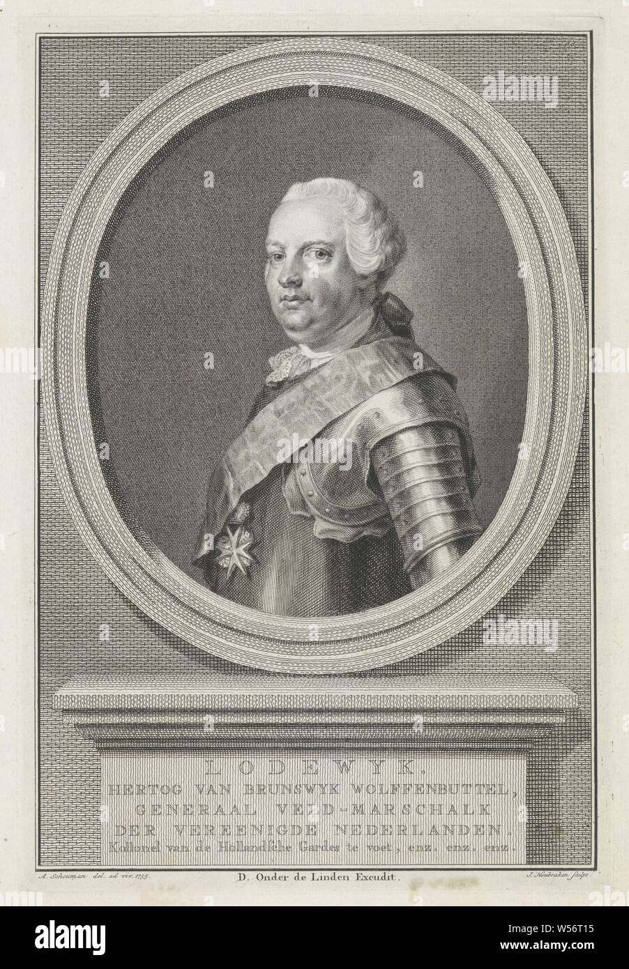 Portrait of Louis of Brunswijk-Wolfenbüttel, Portrait of Louis in an oval. In a frame his name and titles, Ludwig Ernst von Braunschweig-Wolfenbüttel, Jacob Houbraken (mentioned on object), Amsterdam, 1755, paper, engraving, h 269 mm × w 182 mm Stock Photo