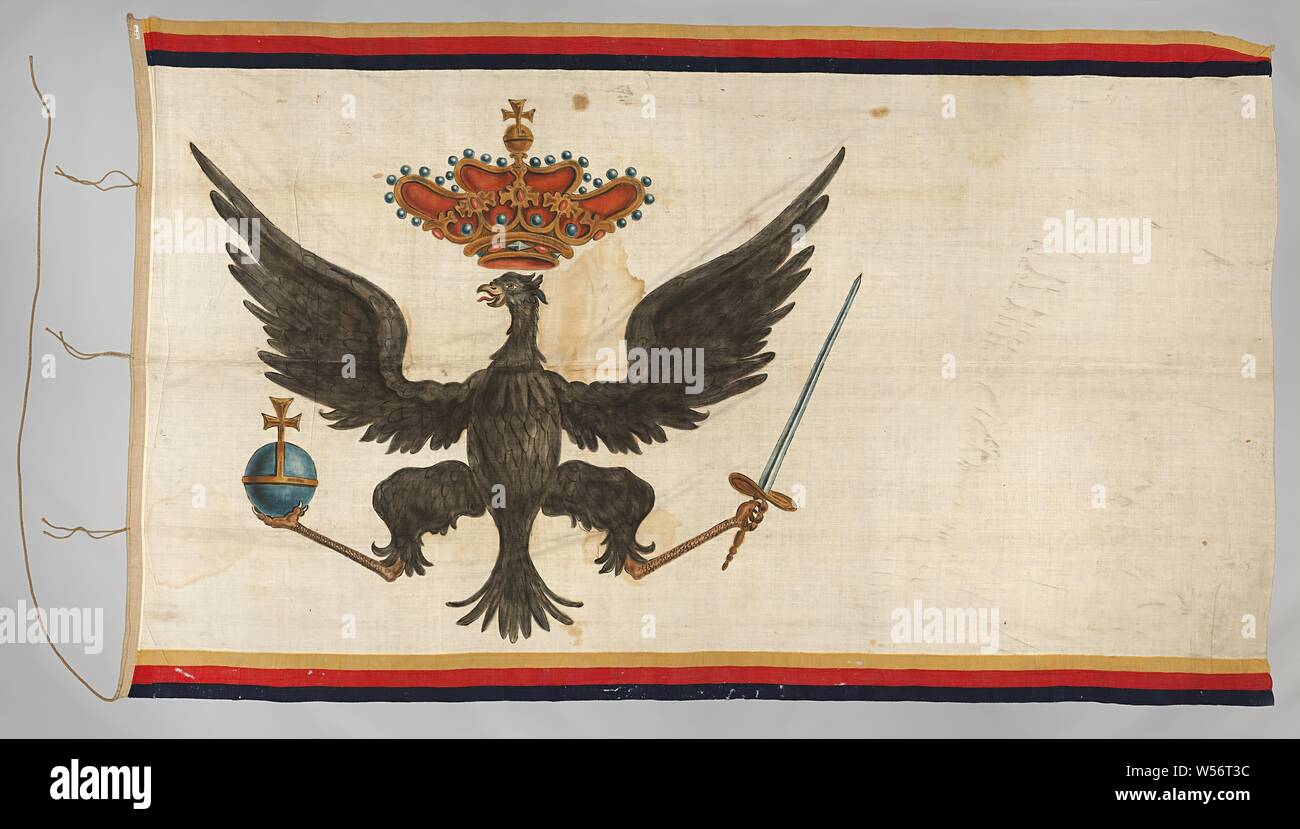 Prussian flag, White flag, with a black eagle on the pants' side with a raised sword in the left claw, a rich apple in the right claw. Above the pants-facing head a crown with five brackets, with pearls, fleurons and red cap. Backside identical. Narrow bands of yellow-red-black at the top and bottom. Five fastening strings on the pants. On the pants: T.R.51-1953 N.O.M, Prussia, anonymous, Germany, c. 1865 - c. 1900, baan rood en blauw, baan wit, painting, h 243 cm × w 392 cm Stock Photo