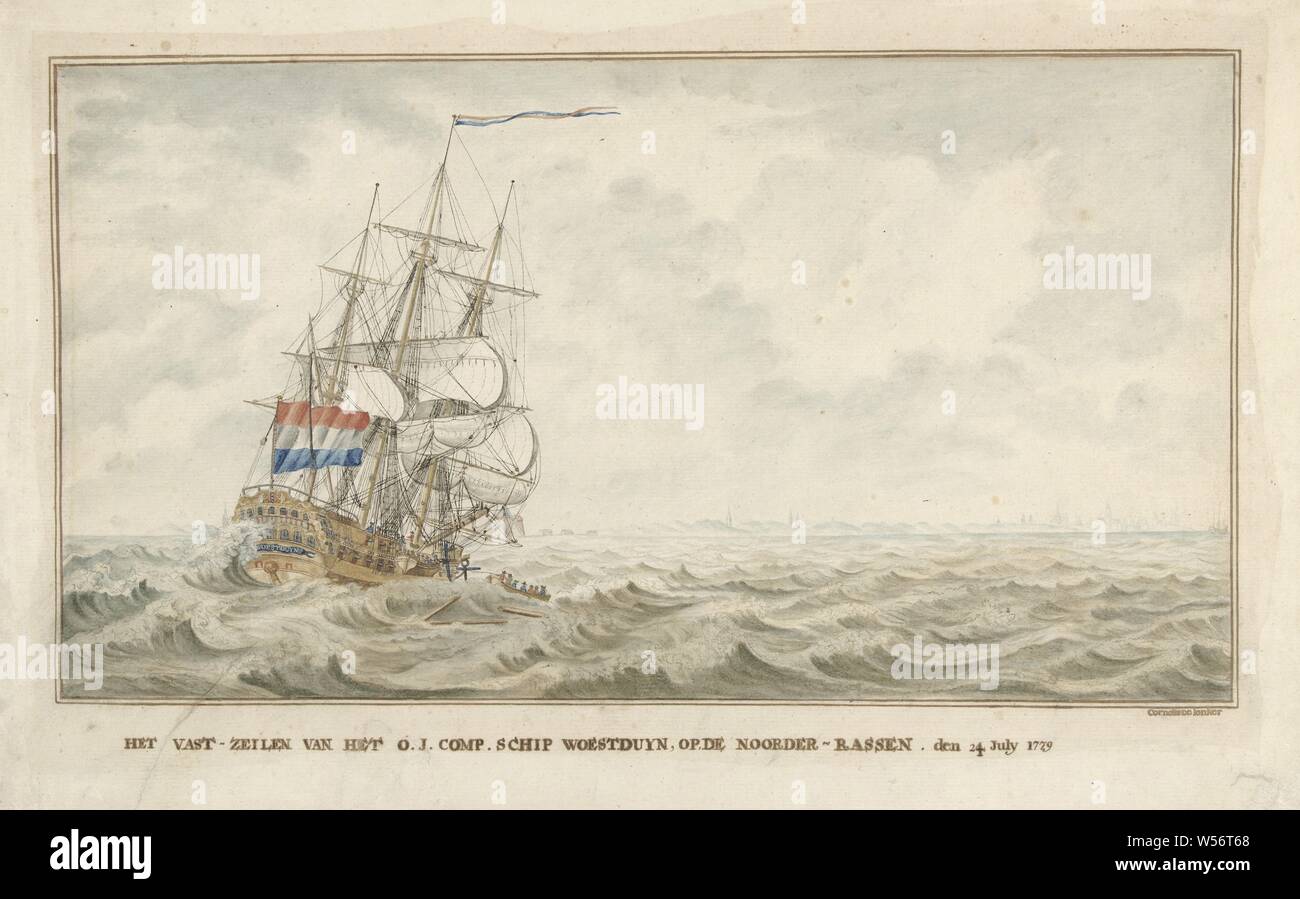 The ship Woestduin crashes on the Noorderrassen, 1779, The sailing of the OIComp.Schip Woestduyn, on the Noorder-Rassen, the 24 July 1779 (title on object), The VOC ship 'Woestduin 'van de Kamer Amsterdam got stuck shortly before returning from his fifth home trip from Batavia to the Noorderassen near Vlissingen. The crew is saved by sloops led by the Vlissinger sea pilots, the brothers Frans and Jacob Naerebout, shipwreck, historical events and situations (with DATE), geographical names of countries, regions, mountains, rivers, etc. (NORTHERN RACES) (NORTHERN RACES), names of artifacts Stock Photo