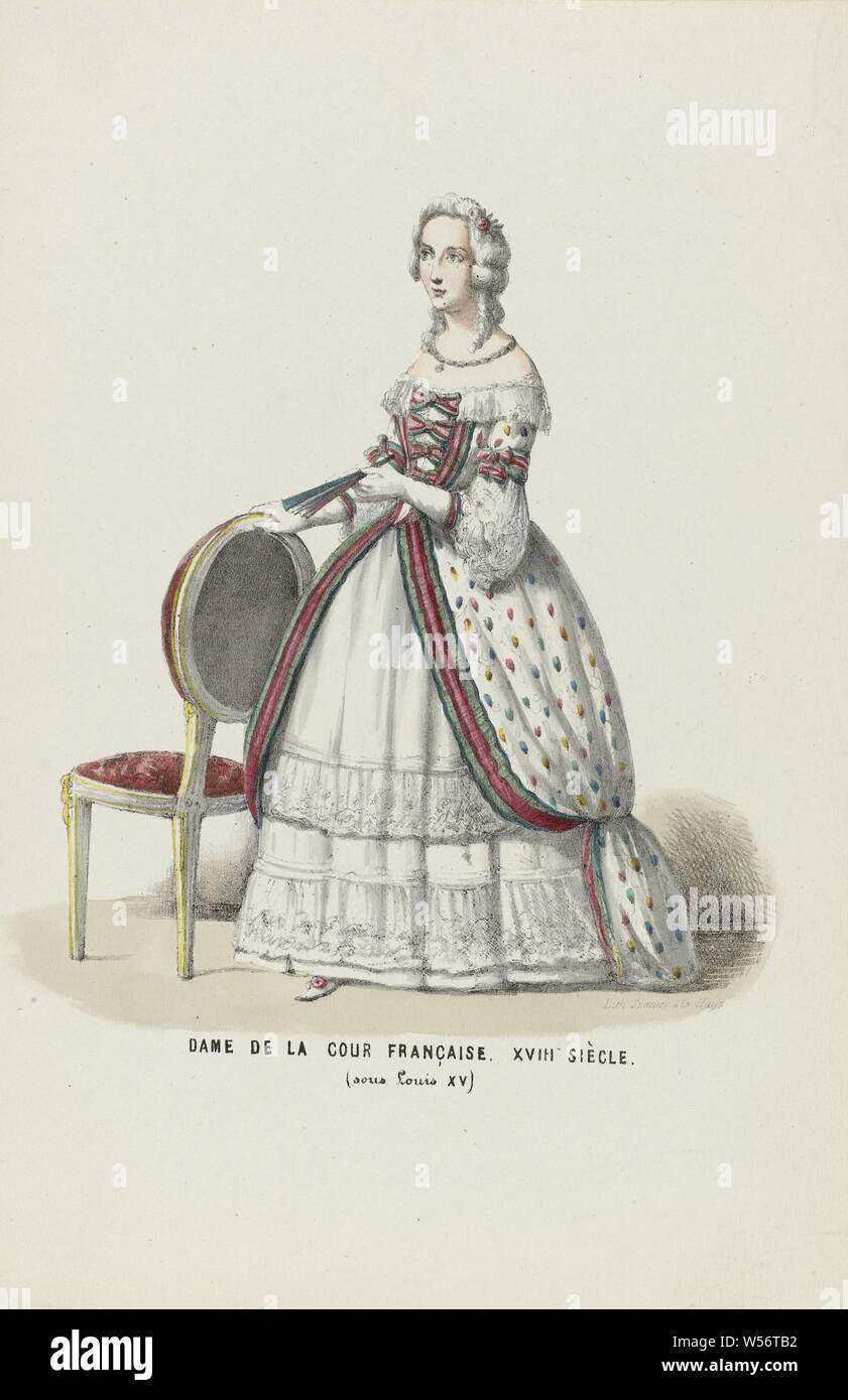 Dame de la Cour Française. XVIII Siècle (sous Louis XV) (title on object), Woman in historical costume of a maid of honor at the French court of Louis XV, 18th century. Added performance to the sheet metal work on the costumed ball held at the palace of the Prince of Orange (the later King William III) in The Hague on 26 February 1845, historical costume, Elias Spanier (mentioned on object), The Hague, 1840 - 1850, paper, h 270 mm × w 180 mm Stock Photo