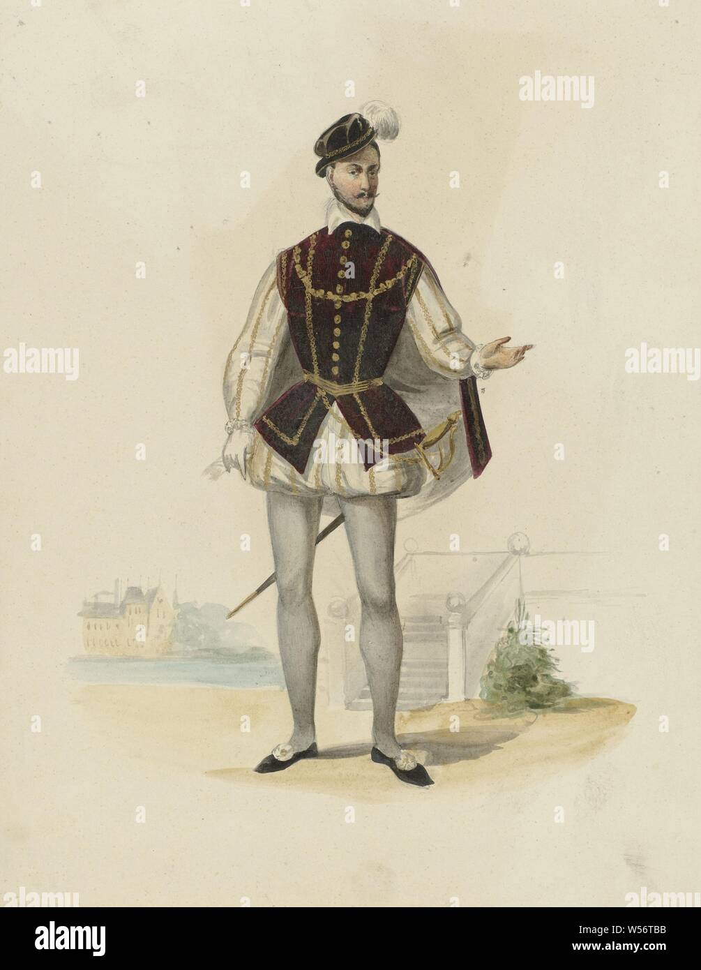 Costume print of a nobleman, Man in historical costume, 16th century. Added performance to the sheet metal work on the costumed ball held at the palace of the Prince of Orange (the