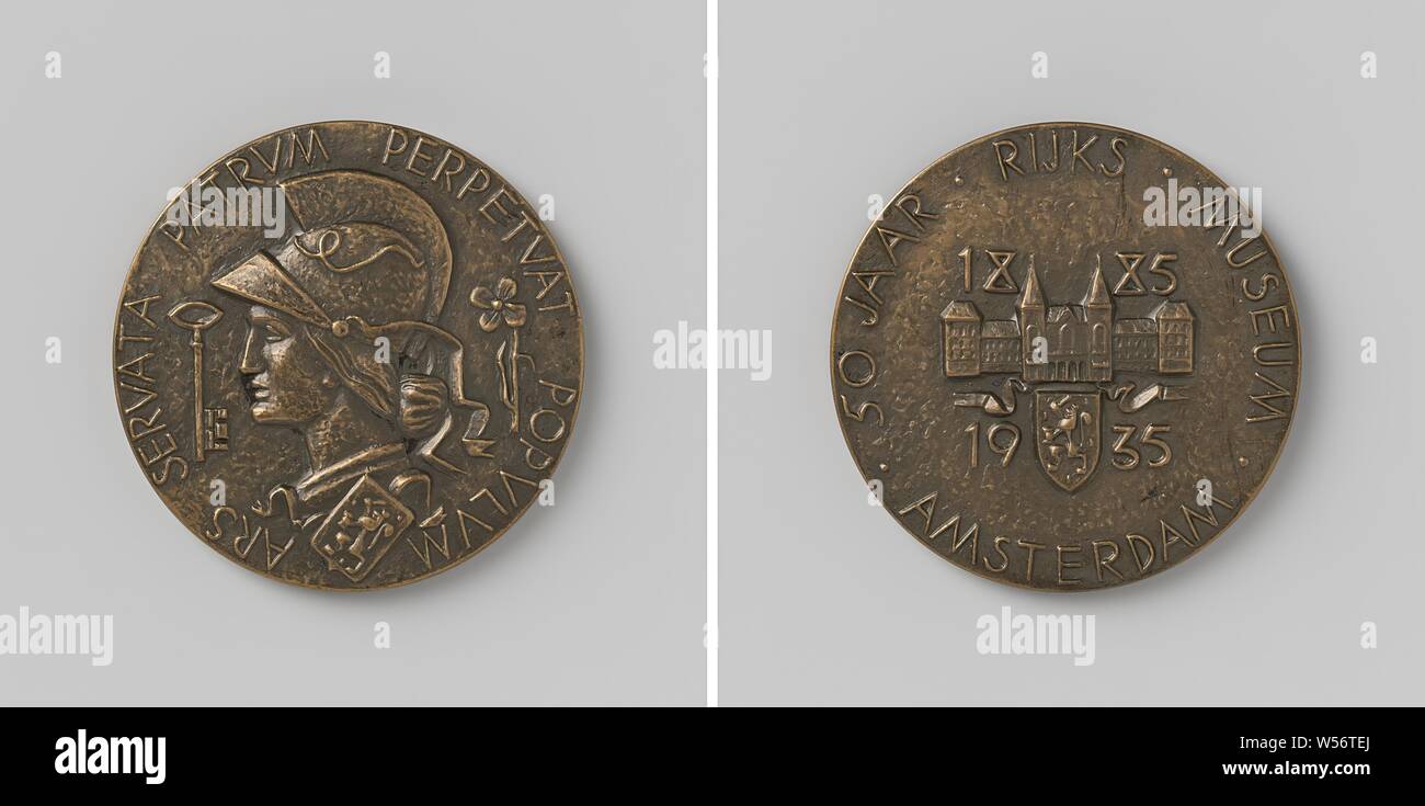 Fifty years of Rijksmuseum Amsterdam, Bronze Medal. Front: Head of the Dutch virgin with helmet, flanked by flower and key. Dutch coat of arms on the virgin's collar, Edge lettering: ARS SERVATA PATRUM PERPETUAT POPULUM. Reverse: Dutch coat of arms crowned with building (Rijksmuseum), dated: 1935, marked, on the edge maker's mark (unreadable), inscription: 1885 - 1935 - and inscription: FIFTH YEAR RIJKSMUSEUM AMSTERDAM, Dirk Bus, Netherlands, 1935, bronze (metal), striking (metalworking), d 6 cm × w 82.49 Stock Photo