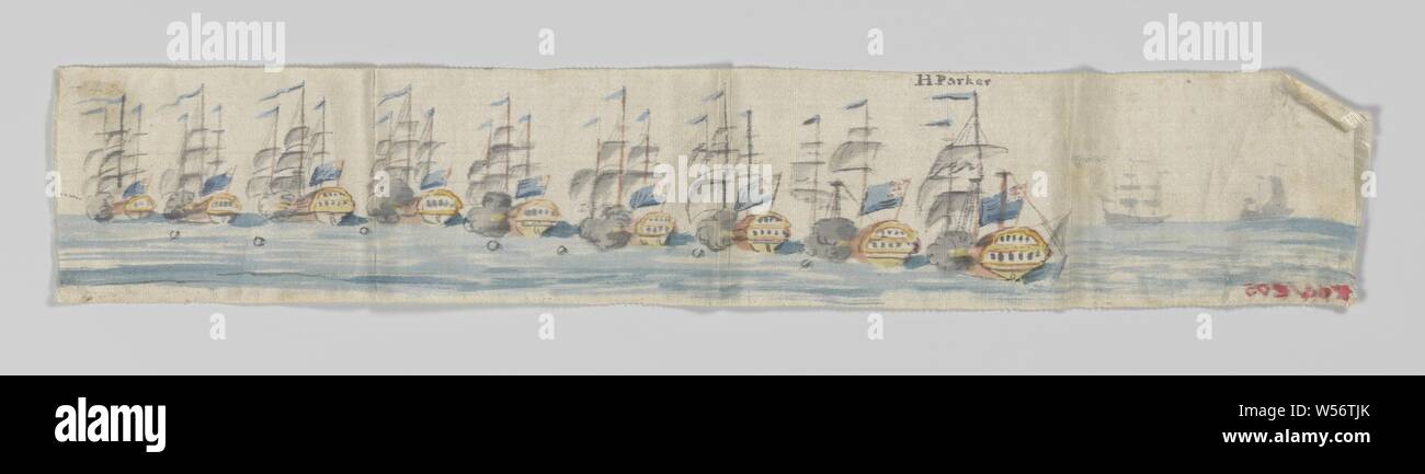 Dogger Bank Ribbon, White silk ribbon commemorating the Battle of Dogger Bank (1781) on which nine English ships have been painted. The ships are depicted diagonally behind each other. Smoke clouds and bullets are depicted for the ships. Above the rightmost ship is the name of the admiral who led the English troops: H. Parker., with a painted representation. On the left a merman who holds the Dutch flag in his left hand with the name Zoutman. In his right hand he holds a receiver from which the word DOGGERBANK appears. On the right side of the ribbon is a ship with Dutch flags. On the shelf Stock Photo