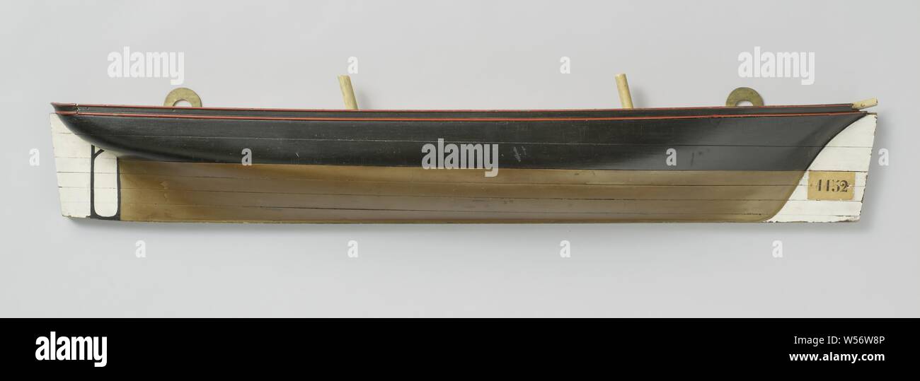 Half Model of a Pilot Vessel, Polychromed half model (starboard, stacked model in six layers) of a two-mast propeller steamer. It has a clip-on bow and an elliptical fence under which the screw window is painted on the floorboard. V-shaped underwater ship, the sheer ascending forwards, a deer., Ship model (propulsion of vehicle, ship, etc. by wind), Narebout (ship), anonymous, Netherlands, c. 1860 - c. 1870, wood (plant material), h 16 cm × w 89 cm × d 11 cm Stock Photo