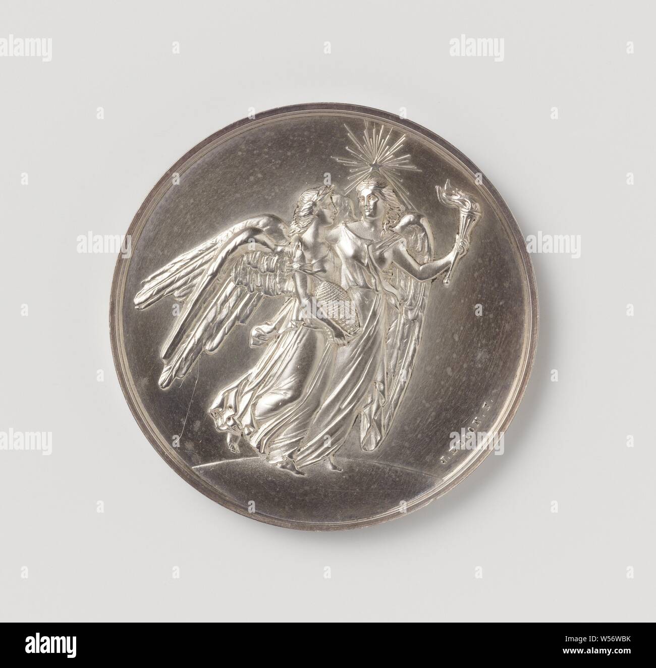 Medal, Silver Medal. Obverse: winged woman with shining star above her head and torch in left hand, representing Art, leading woman with beehive in right hand, representing Industry. Reverse: inscription within laurel wreath and inscription, Kantschrift, Volksvlijt Palace, Department of the Navy, Jacob Samuel Cohen Elion (signed by artist), Amsterdam, 1866, silver (metal), striking (metalworking), d 5.5 cm × w 68.68 Stock Photo