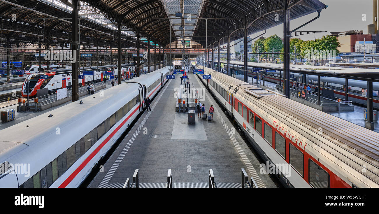 High Angle View Of Trains At Railroad Station Platform Stock Photo