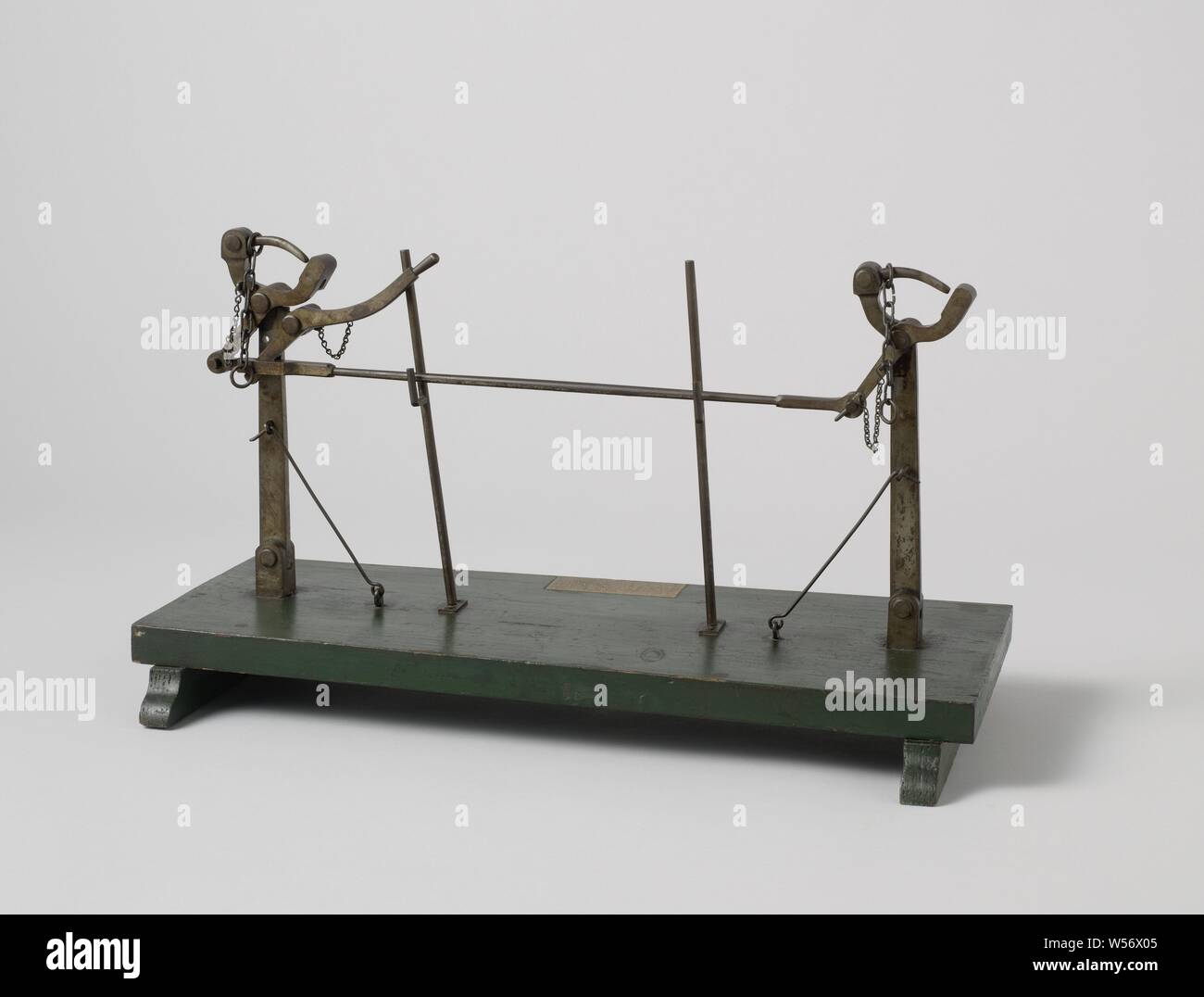 Model of a Lifeboat Release, Model of a sloop trap, on a groundboard. Two hooks are used to release the hooks of the davits, so that they open under the weight of the sloop., J.P.H. von Schmidt auf Altenstadt (mentioned on object), Netherlands (possibly), 1879, wood (plant material), iron (metal), h 33 cm × w 50 cm × d 24.5 cm Stock Photo