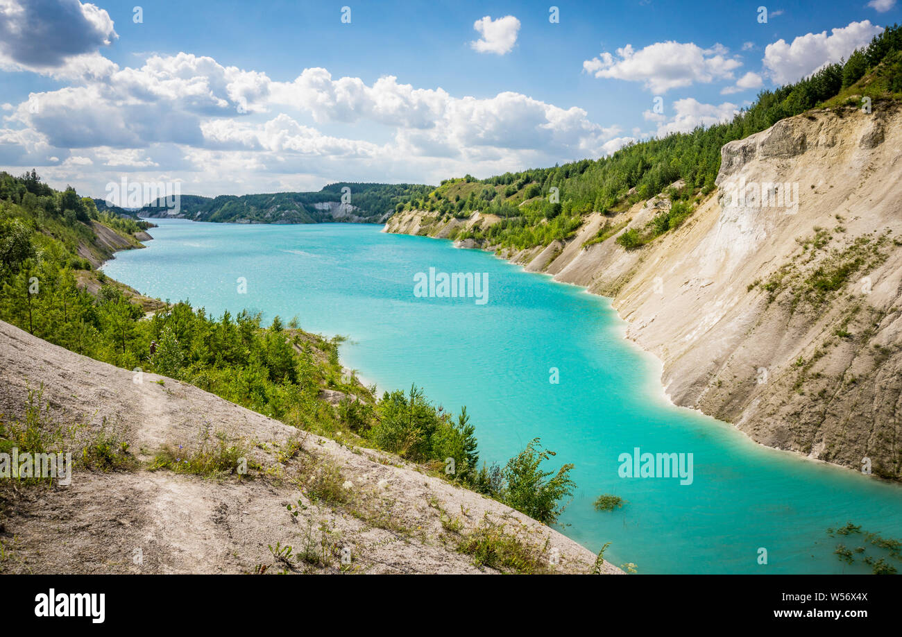 Volkovysk chalk pits or Belarusian Maldives  beautiful saturated blue lakes. Famous chalk quarries near Vaukavysk, Belarus Stock Photo