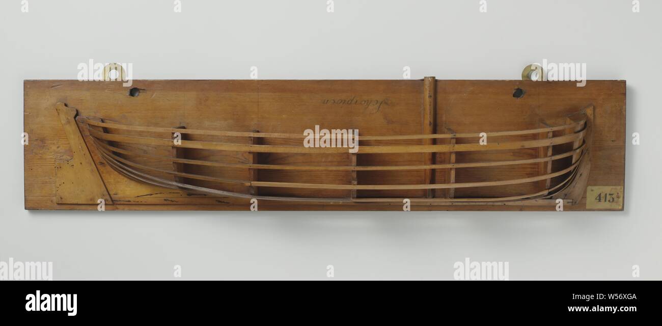 Half Model of a Gunboat. Round stern, sloping stern, wide rudder. Flat bottom. The sheer is almost flat., Scorpio (ship), anonymous, Netherlands, c. 1796, wood (plant material), h 20.6 cm × w 84.7 cm × d 12 cm Stock Photo