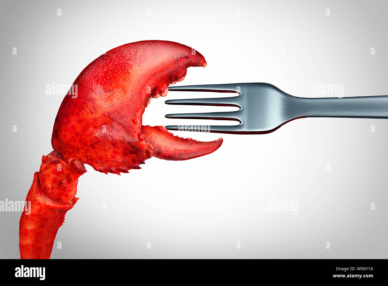 Eating lobster seafood dinner concept as fresh shellfish claw symbol and fork as a red shell crustacean representing expensive delicious cuisine with Stock Photo