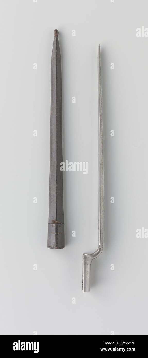 Bayonet, The bayonet has a blade triangular in cross-section and an attachment method similar to the regular bayonet fitting, incomplete. Rifle and bayonet were found separately, but brought together for accurate fitting., Joseph Alexandre Robert (mentioned on object), Paris, c. 1832 - c. 1835, iron (metal), leather, bayonet: h 5 cm × l 48 cm × d 2.5 cm scabbard: h 2 cm × l 42.5 cm × d 3 cm Stock Photo