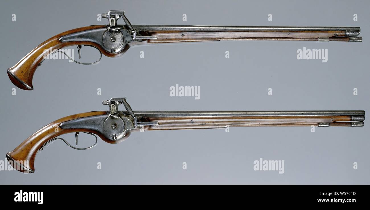 Pair of pistols and a bullet associated with the death of William Frederick of Nassau, Stadtholder of Friesland, Pistol, originating from Willem Frederik van Nassau, Equestrian pistol, part of couple of identical equestrian pistols of the 'Dutch type '. Lock: Radslot. Flat lock plate, narrowly flared from behind, fixed with two lock screws (including leg rosettes). Loop: Octagonal (rear) and round. Drawer: Unadorned, with an iron drawer front. Flask: Unadorned. Remains of decoration on the underside of the iron trigger guard. The cargo of one of the pistols has been preserved., Netherlands Stock Photo