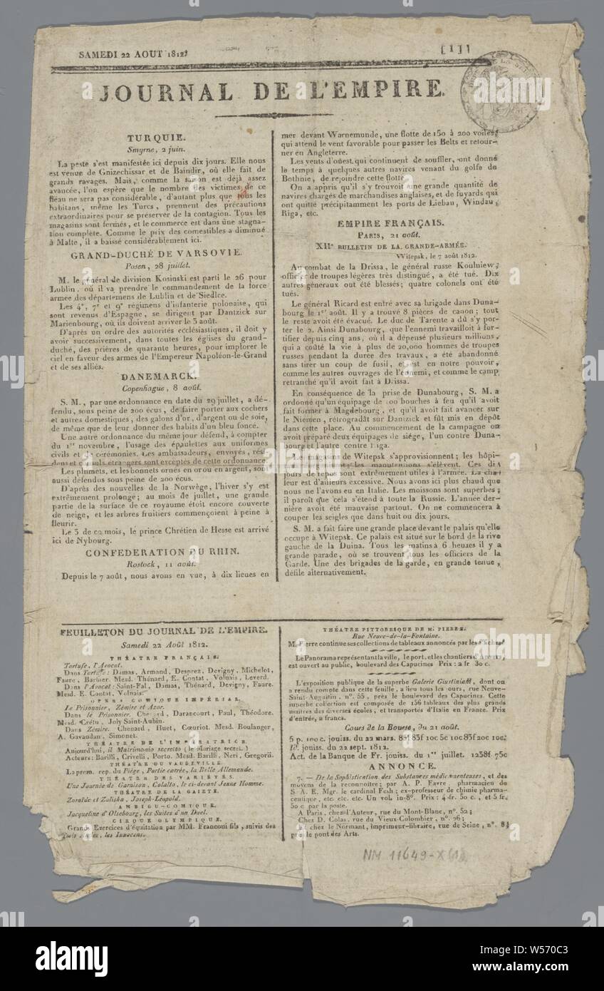 Journal de l'Empire, Four-numbered pp of a French-language newspaper.  Dated, p.1, b .: Samedi 22 Aout 1812. Marked, r.b .: (stamp) 'DEPT DE LA  SEINE'., Le Normant, Paris, 22-Aug-1812, paper, printing, l