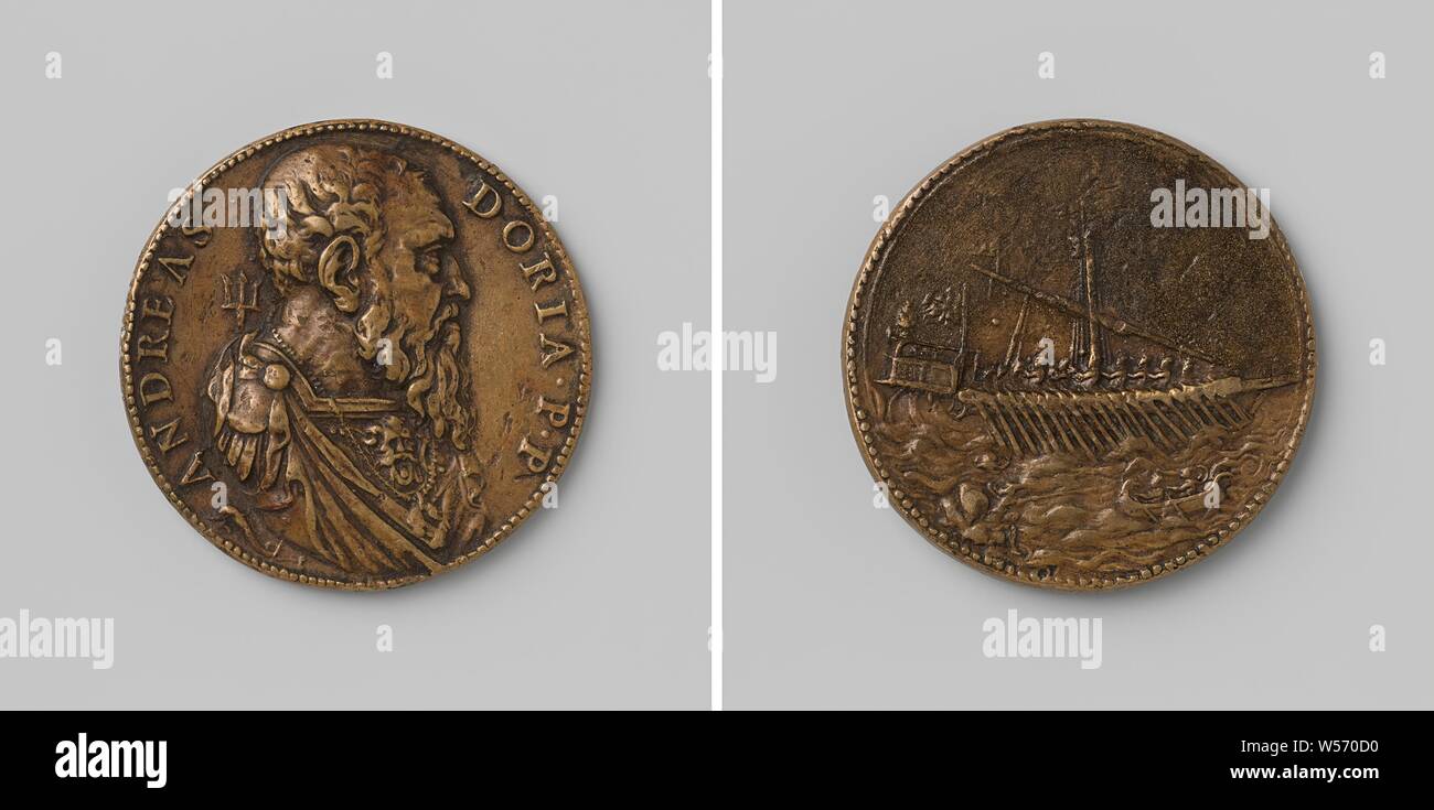 Admiral Andrea Doria, Bronze Medal. Front: man's chest piece with trident inside an inscription. Reverse: galley, in the foreground a boat is approaching with two men [allusion to the liberation of Leoni by Doria], Andrea Doria, Leone Leoni, Italy, 1537, bronze (metal), founding, d 4.1 cm × w 27.92 Stock Photo