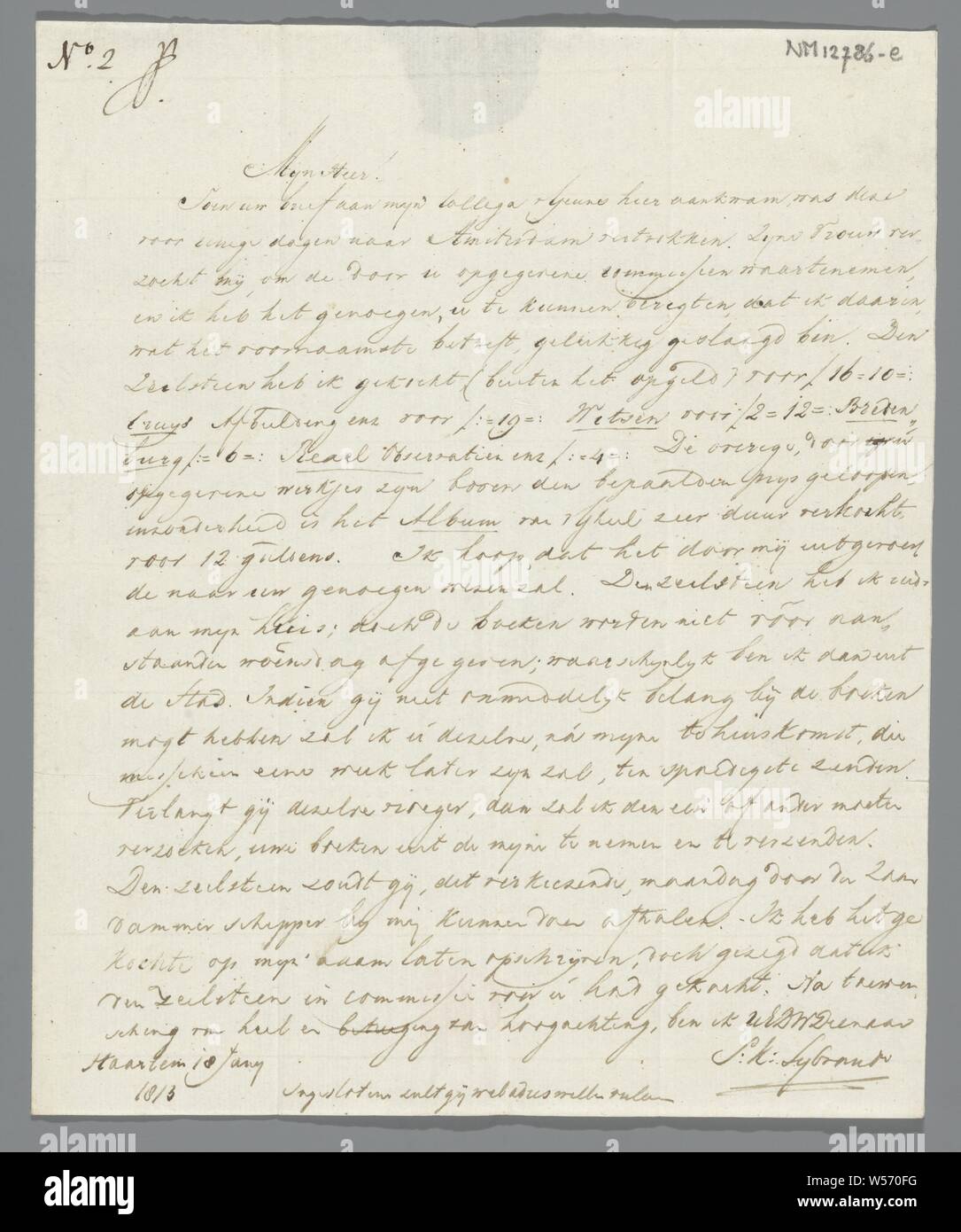 Letter from S. K. Sybrandi to J. Scheltema June 18, 1813, Handwritten letter, was folded and taped up with lacquer and addressed to J. Scheltema with stamp from Haarlem, cut off at the paint. Signed, r.o .: S: K: Sybrandi. Dated, 10: Haarlem 18 Juny / 1813. Marked, watermark: D & C BLUE. Inscription, p.1, lb .: No 2 and p.4: H (?) / HAARLEM / Den Heere / J: Scheltema / Vrederegter / te / Zaandam, Zaandam, Peter I the Great (Tsar of Russia), S. K. Sybrandi, Haarlem, 18-Jun-1813, paper, lacquer (coating), ink, l 22.9 cm × w 18.8 cm Stock Photo