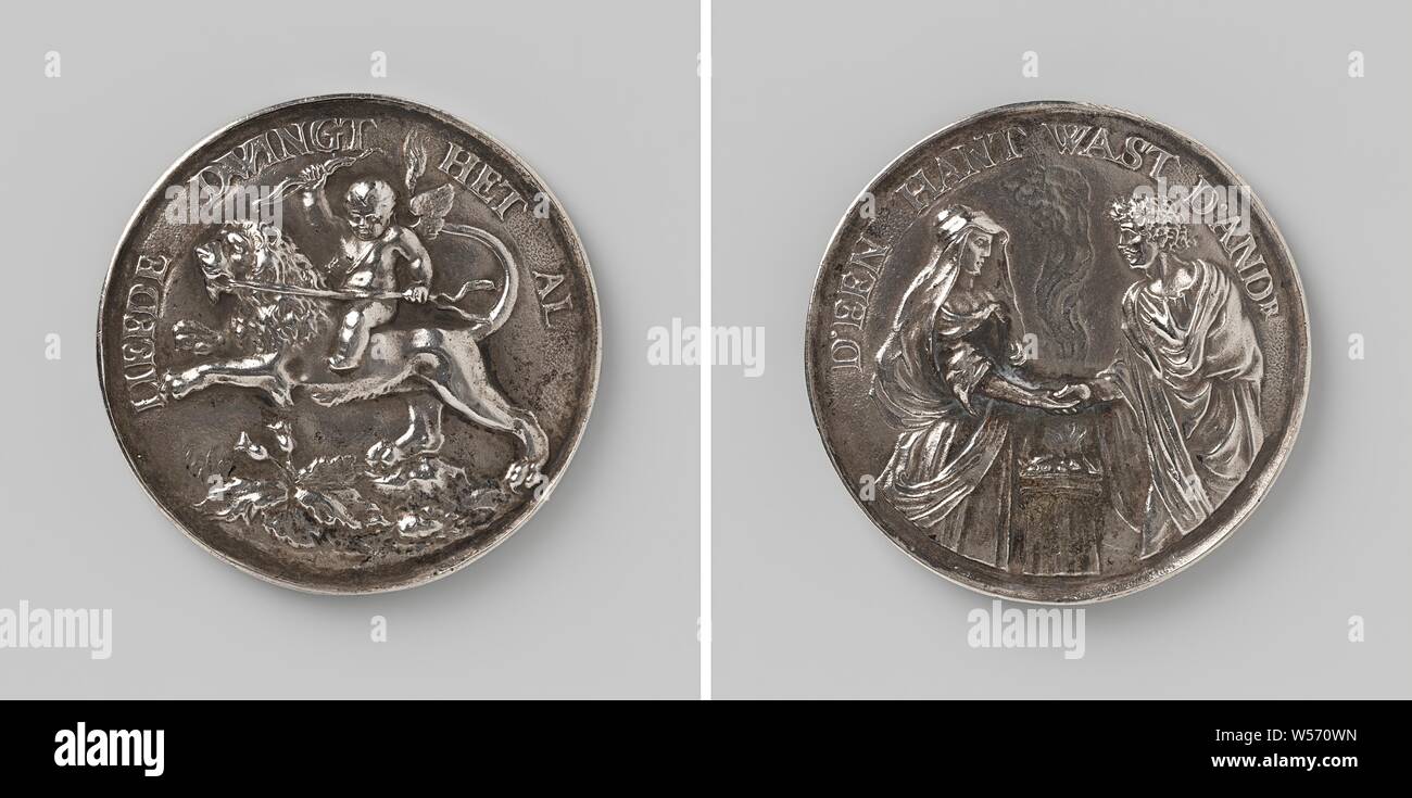 Marriage, Silver Medal. Obverse: Amor with a bow in hand, riding on a lion, in the foreground a thistle plant within an inscription. Reverse: man and woman in Roman clothing give each other a hand over burning altar within a circle, Pieter van Abeele, Amsterdam, 1658 - 1659, silver (metal), engraving, d 4.5 cm × w 24.20 Stock Photo