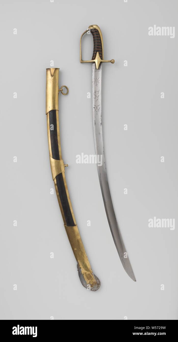 Saber with scabbard from General Du Rey, Ruitersabel, presumably Batavian Republic, lieutenant of the 1st and 2nd Regiment Dragoons 1802-1806. A bracket, straight guard with button and two diamond-shaped side bars. Handle with leather and braided copper wire. The blade has engraving. On the back is 'Henry Küschers et fils'. Wood with leather covered sheath. Earband and iron drag plate. Mid band no carrying ring. Upper strap with carrying ring. From General Du Rey, Netherlands, anonymous, 1790 - 1800, iron (metal), leather, schede, engraving, l 96.7 cm l 95.5 cm l 81.5 cm × w 36.5 mm × t 9.4 mm Stock Photo