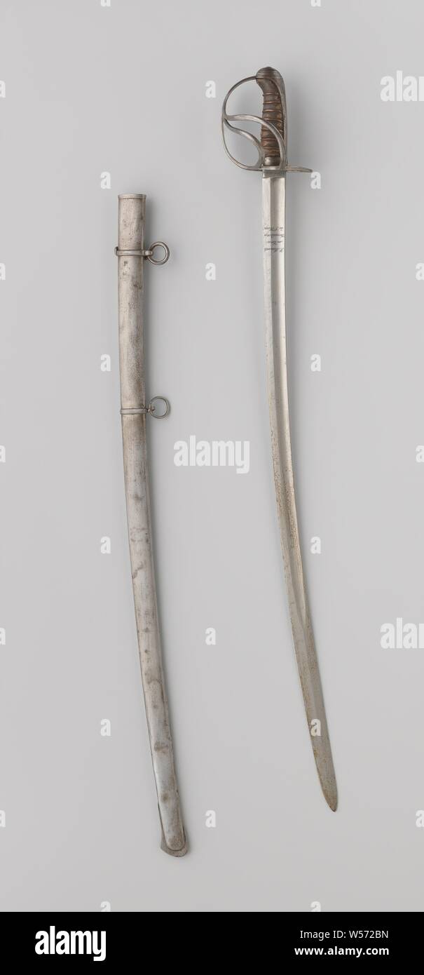 Cavalry saber with iron hilt and scabbard, Cavalry saber with iron hilt and scabbard. With inscription: 'P. Mansfelt and Son Swordsman the S. Hage, Hörste '. On the other side: 'Solingen'. Two skull bands, the upper of which has an eye with a fixed ring. There is a slit over the handle cap and there is no device for the finger lis. A few holes were drilled through the baffle plate. From Lieutenant Colonel L. de Perponcher, Leonard de Perponcher, P. Mansvelt & Zn, The Hague, c. 1800 - c. 1850, kling, korf, stootplaat, schede, sleepplaat, greepkap, l 99.8 cm l 97.5 cm Stock Photo