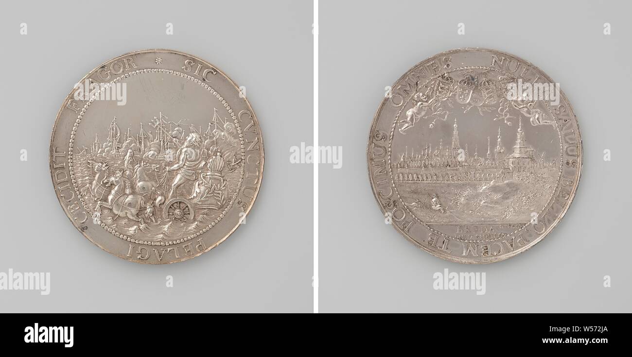 Peace of Breda, Silver Medal. Front: Neptune with raised trident on its sea car, in the background sea battle within an inscription. Reverse: view of the city of Breda under five crowned coats of arms within a circle, Breda, Juriaen Pool (I), Netherlands, 1667, silver (metal), striking (metalworking), d 5.2 cm × w 31.89 cm Stock Photo