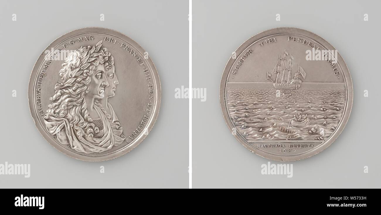 Retrieving silver from a Spanish wreck at Hispaniola, in honor of James II and Mary, King and Queen of England, awarded to the participants of the company, Silver Medal. Obverse: man's bust piece with laurel wreath and woman within a circle. Reverse: ship and boats fishing for the treasure of a shipwreck within a circle, cut: inscription., Hispaniola, Haiti, Dominican Republic, James II (King of England and Scotland), Mary of Modena (Queen of England), George Bower, London, 1687, silver (metal), striking (metalworking), d 5.5 cm × w 67.19 Stock Photo