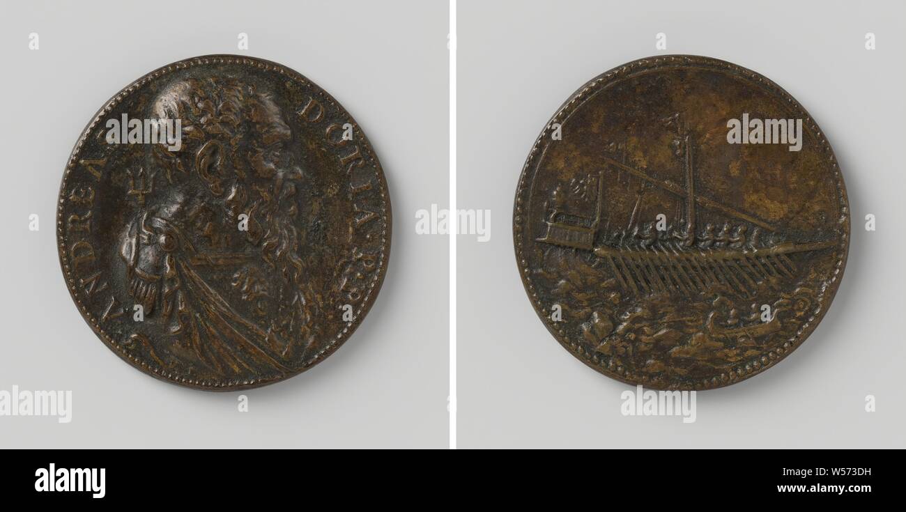 Admiral Andrea Doria, Bronze Medal. Front: man's chest piece with trident inside an inscription. Reverse: galley, in the foreground a boat is approaching with two men [allusion to the liberation of Leonidoor Doria], Andrea Doria, Leone Leoni, Italy, 1537, bronze (metal), founding, d 4.1 cm × w 26.79 Stock Photo
