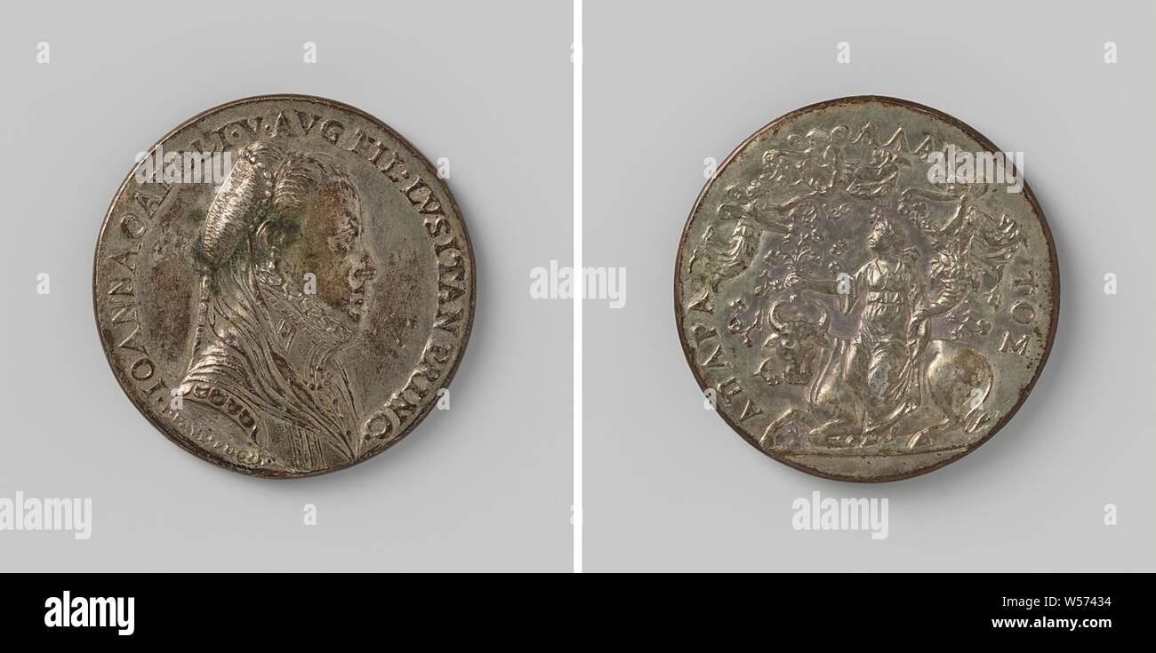 Johanna, infanta of Portugal, widow of Joao infant of Portugal, Silver Medal. Obverse: woman's bust inside the inside. Reverse: Europe on the bull with flower branch and horn of plenty in hands, above her three little angels, who scatter flowers in a circle, infanta of Portugal Johanna, Gianpaolo Poggini, Madrid, 1564, silver (metal), striking (metalworking), d 3.8 cm × w 28.79 Stock Photo