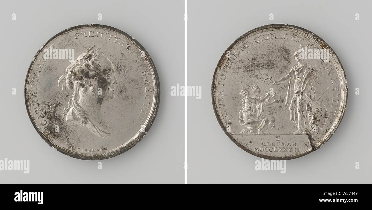 Russia acquires Crimea and Kuban at the Constantinople convention, in honor of Catherine II the Great, Tsarina of Russia, Silver Medal. Obverse: bust of a woman with a diadem inside the inscription. Reverse: Russia, depicted as a helmeted woman with stuffed horn of abundance and a coat of arms at her feet, hands olive branch to two kneeling crowned women in front of her, cut off: inscription, Istanbul, Crimea, Kuban, Catherine the Great, Grigorij Aleksandrovich, prince of Tauris Potemkin, Abraham Abrahamson (possibly), Berlin, 1784, silver (metal), striking (metalworking), d 4.8 cm × w 32.81 Stock Photo