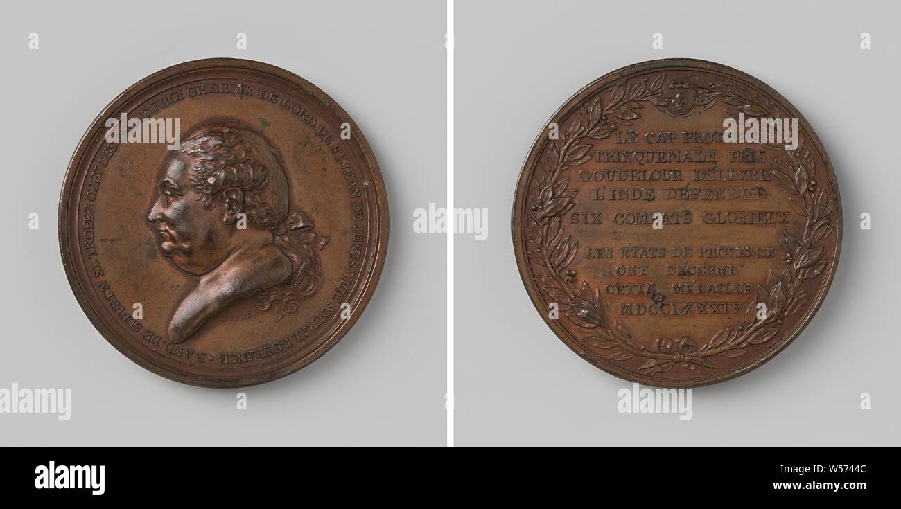 Vice Admiral P.A. the Suffren, medal given by the States of Provence, for the protection of the cape of Good Hope, the capture of Trincomalee, the liberation of Goudelour and the defense of the Cape of Good Hope, Bronze medal. Front: man's bust inside the inside. Reverse: inscription under coat of arms within myrtle wreath, Cape of Good Hope, Trincomalee, Goudelour, Dutch East Indies, The, Pierre André de Suffren de Saint-Tropez, States of Provence, Augustin Dupré, Paris, 1784, bronze (metal), striking (metalworking), d 4.9 cm × w 58.82 Stock Photo