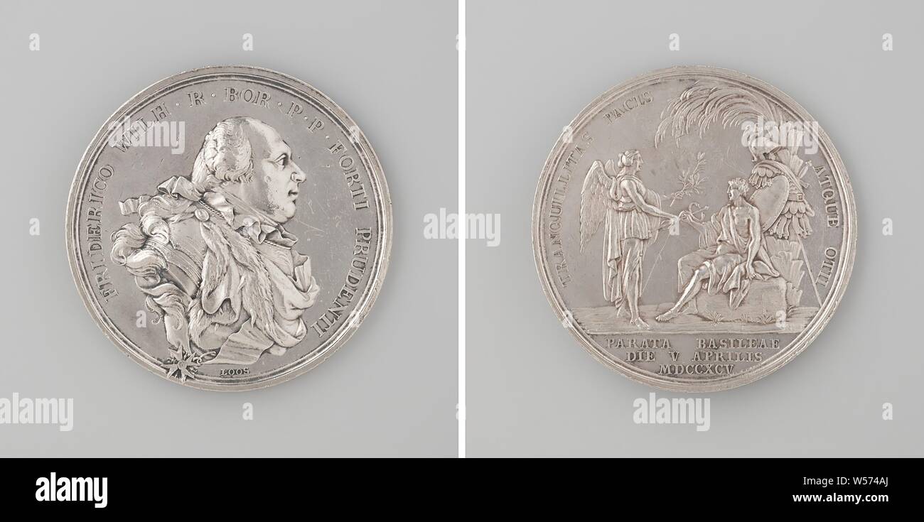 Peace of Basel, in honor of Frederick William II, King of Prussia, Silver Medal. Front: man's bust inside the inside. Reverse: winged peace hands olive branch and staff of Mercury to a young man sitting on a rock under a palm tree, behind him a weapon standard within a cover, cut off: inscription, Basel, Frederick William II (King of Prussia), Daniel Friedrich Loos, Berlin, 1795, silver (metal), striking (metalworking), d 4.3 cm × w 26.90 Stock Photo