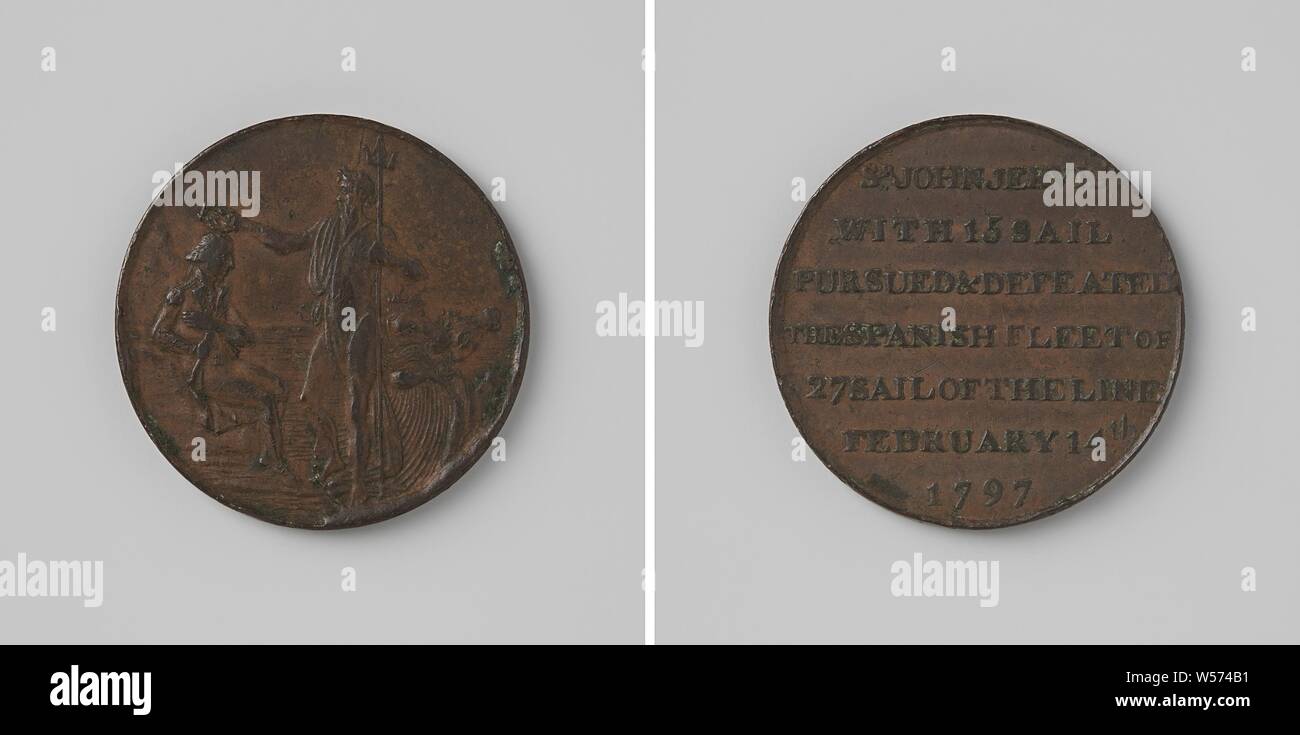 Reporting of the Spanish fleet by Sir John Jervis at Cape St. Vincent, Bronze Medal. Front: Neptune with trident, standing in front of his car, crowned admiral with laurel wreath. Reverse: inscription, Battle of Cape St. Vincent, Saint Vincent, John Jervis St. Vincent, anonymous, England, 1797, bronze (metal), striking (metalworking), d 3 cm × w 10.69 Stock Photo