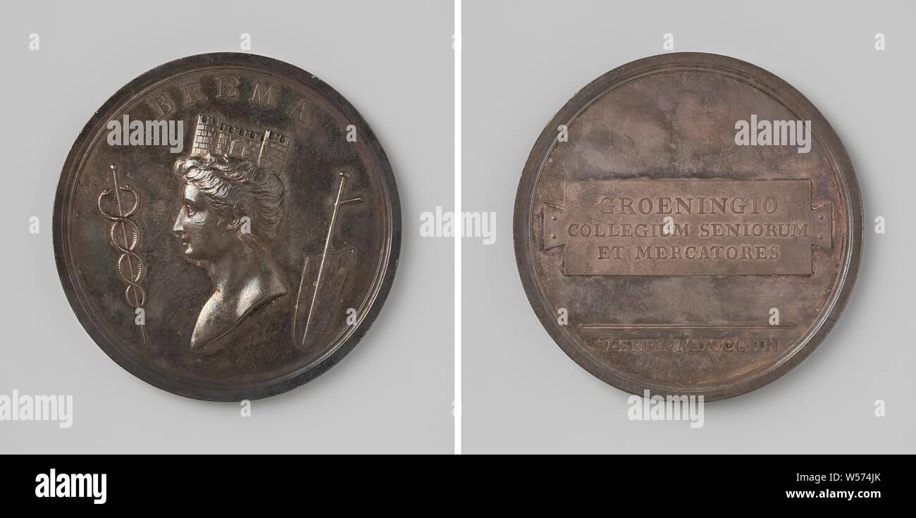 Medal awarded by the College of Elders and Bremen Merchants to the city of Groningen, Silver Medal. Obverse: crowned woman between Mercury staff and ship rudder within a circle. Reverse: inscription on plaque, cut off: date, Bremen, Friedrich Wilhelm Loos, Berlin, 1804, silver (metal), striking (metalworking), d 5.6 cm × w 68.71 Stock Photo