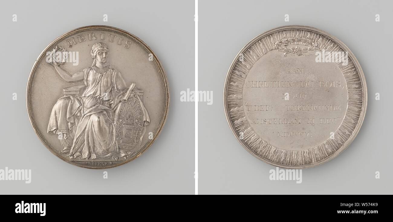 Society 'Felix Meritis', medal awarded to Chretien du Bois by the Department of Drawing, Silver medal. Obverse: woman, sitting in throne, holds laurel wreath up in right hand, while her left hand, with which she holds a roll of parchment, rests on a coat of arms within a cover, cut: signature. Reverse: inscription under laurel wreath within radiant wreath, Amsterdam, Chretien du Bois, Felix Meritis, Johannes Michiel Lageman, 1777 - 1805, silver (metal), engraving, d 4.6 cm × w 396 Stock Photo