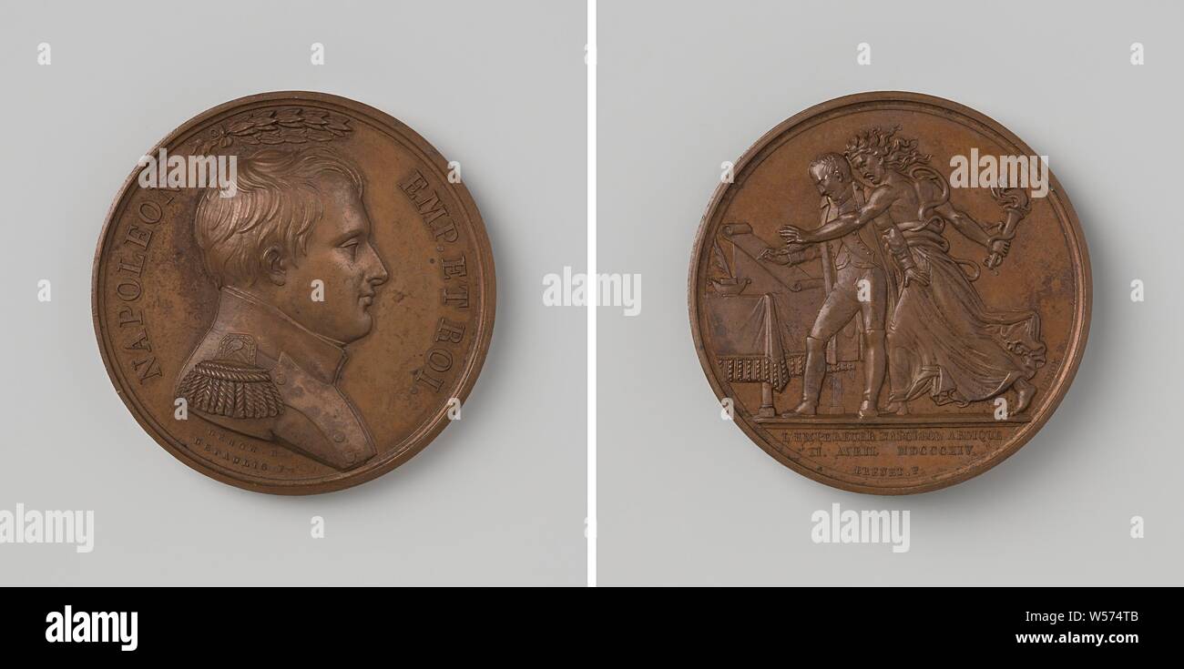 Napoleon I Bonaparte abdication, French Emperor, Bronze Medal. Obverse: man's bust under laurel wreath inside an inscription. Reverse: Napoleon standing in front of a table with a piece of paper and ink set behind him Envy with a torch in hand, cut off: inscription., Fontainebleau, Elba, Napoleon I Bonaparte (Emperor of the French), Alexis Joseph Depaulis, Paris, 1814, bronze (metal), striking (metalworking), d 4.1 cm × w 36.74 Stock Photo