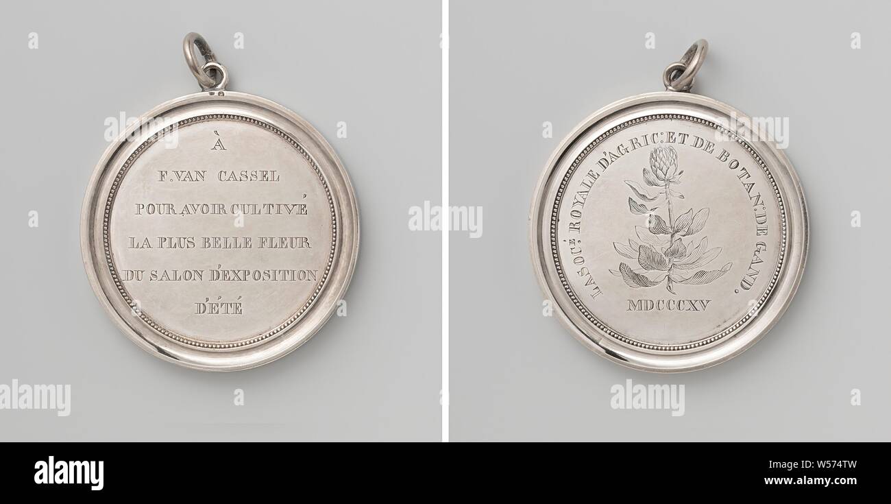 Société Royale d'Agriculture and the Botanique in Ghent, medal awarded to F. van Cassel, for growing the most beautiful flower of the summer exhibition, Silver medal with eyelet and ring. Front: inscription. Reverse: flower within the circumference, Ghent, F. van Cassel, anonymous, Belgium, 1815, silver (metal), engraving, d 6.9 cm × d 6.2 cm × d 5.6 cm × w 54.90 Stock Photo