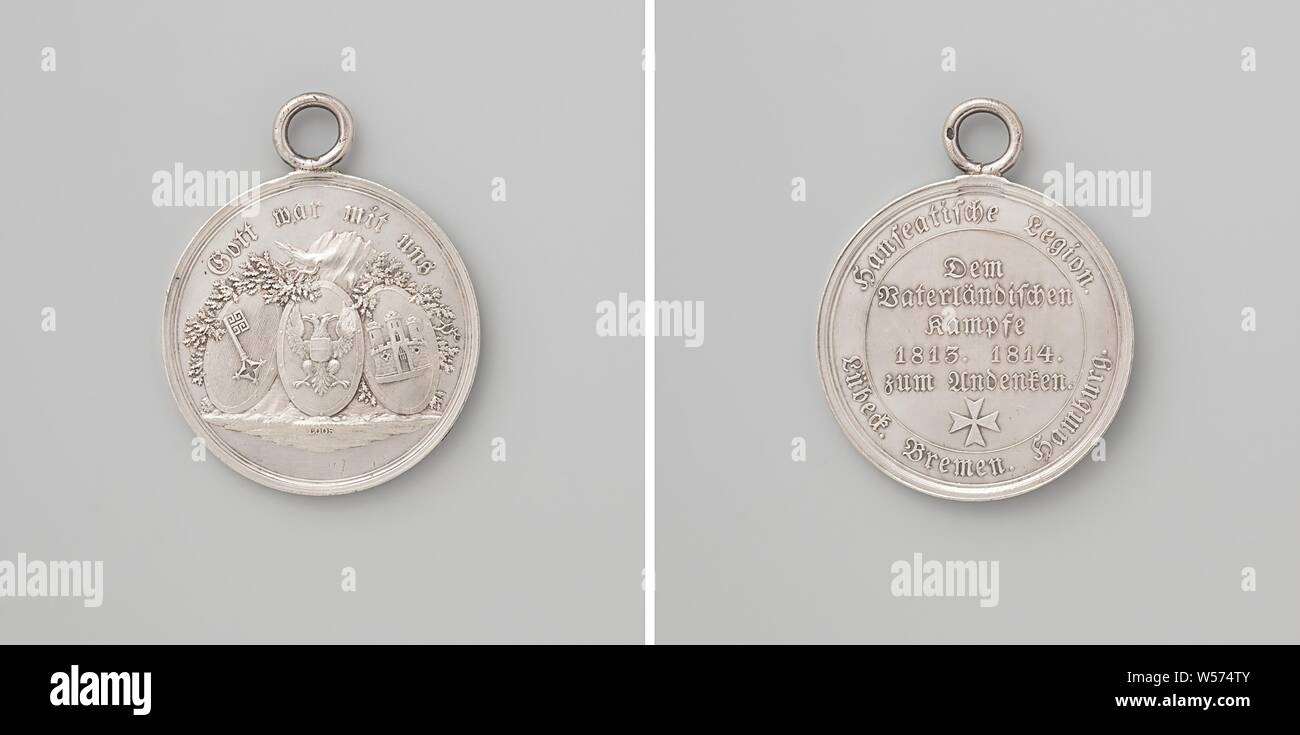 Hanseatic Legion, commemorating the liberation of Germany, Silver Medal with Carrying Eye. Obverse: three coats of arms decorated with laurel wreaths within an inscription. Reverse: inscription inside, Lübeck, Bremen, Hamburg, Daniel Friedrich Loos (possibly), Berlin, 1814, silver (metal), striking (metalworking), d 4.5 cm × d 3.6 cm × w 13.58 Stock Photo