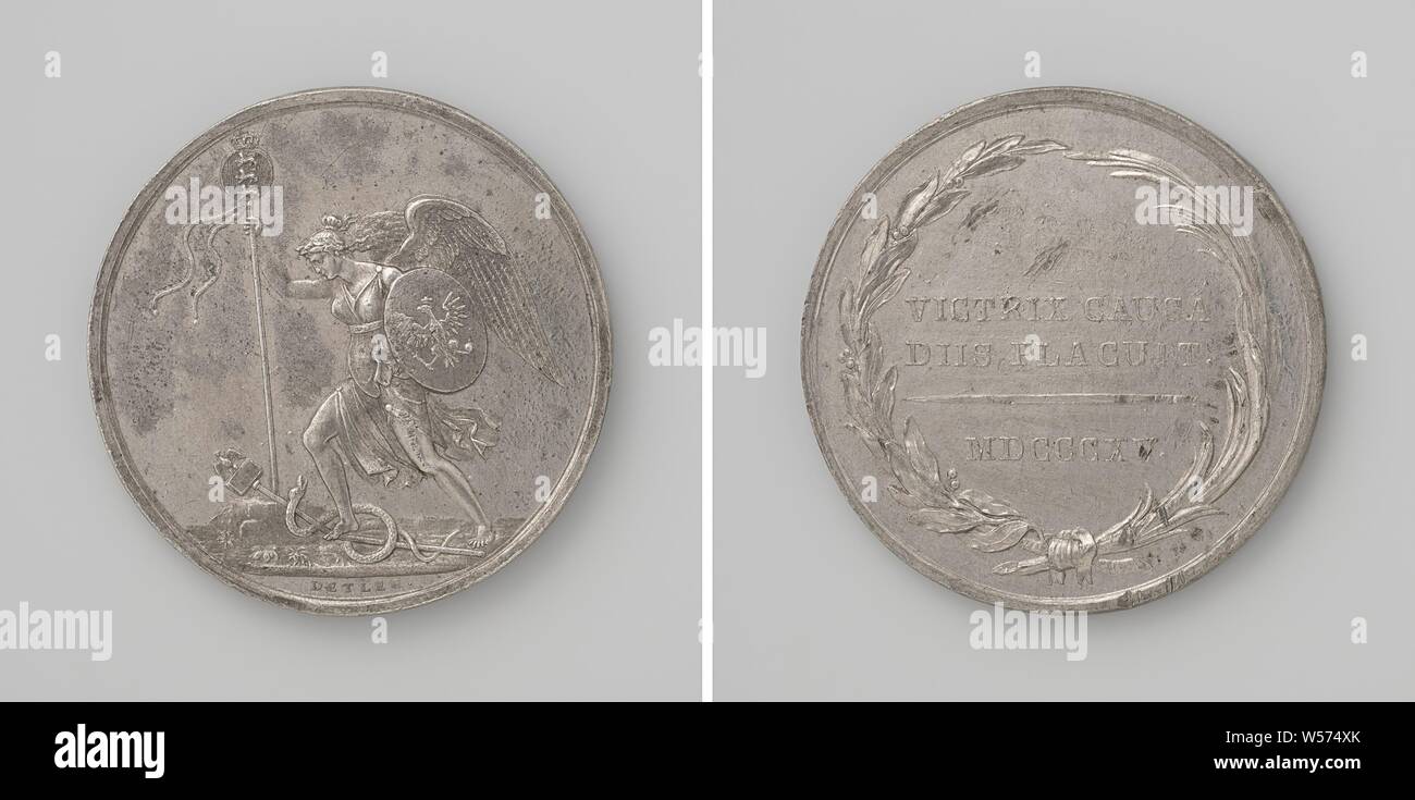Victory of the Allies over Napoleon I Bonaparte, Emperor of the French, Silver Medal. Obverse: winged Victory with coat of arms and crowned standard with two ribbons tramples French weapon standard, why snake snakes, cut: signature. Reverse: inscription inside to wreath of olive and palm branch bound together, Franz Detler, Vienna, 1815, silver (metal), striking (metalworking), d 5 cm × w 30.72 Stock Photo