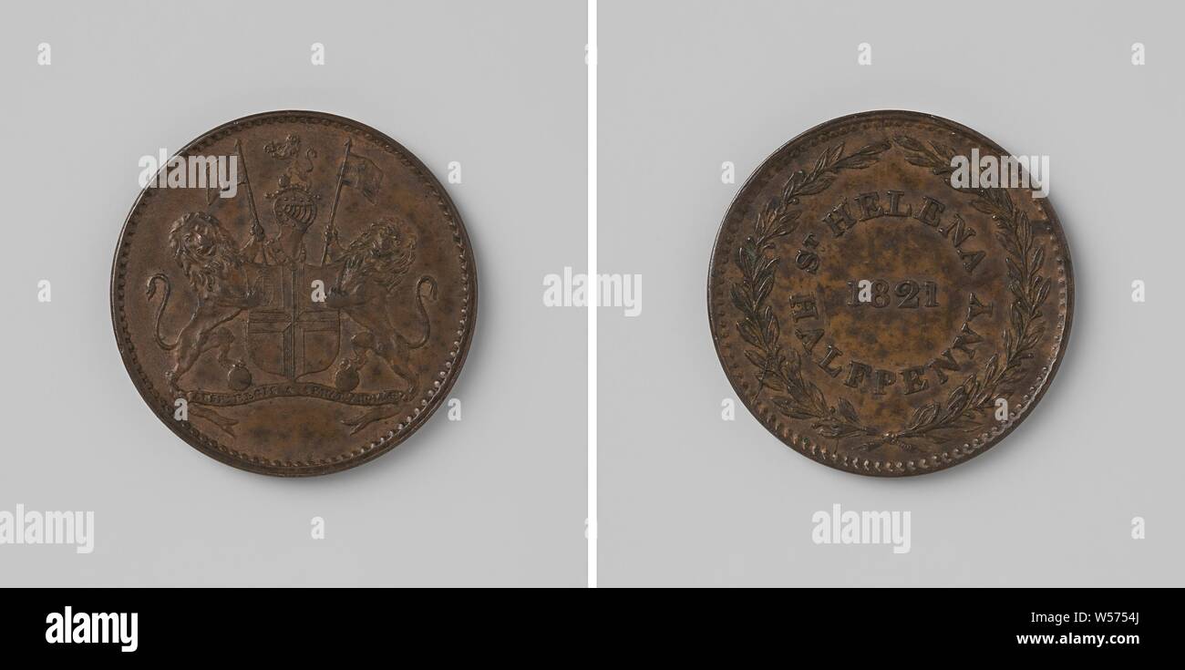 Half penny coin: St. Helena, Obverse: two lions, each with ensign, lifting jointly helmeted coat of arms above pennant with lettering. Reverse side: year within a circle and laurel wreath, Saint Helena, anonymous, England, 1821, bronze (metal), striking (metalworking), d 2.9 cm × w 9.49 Stock Photo