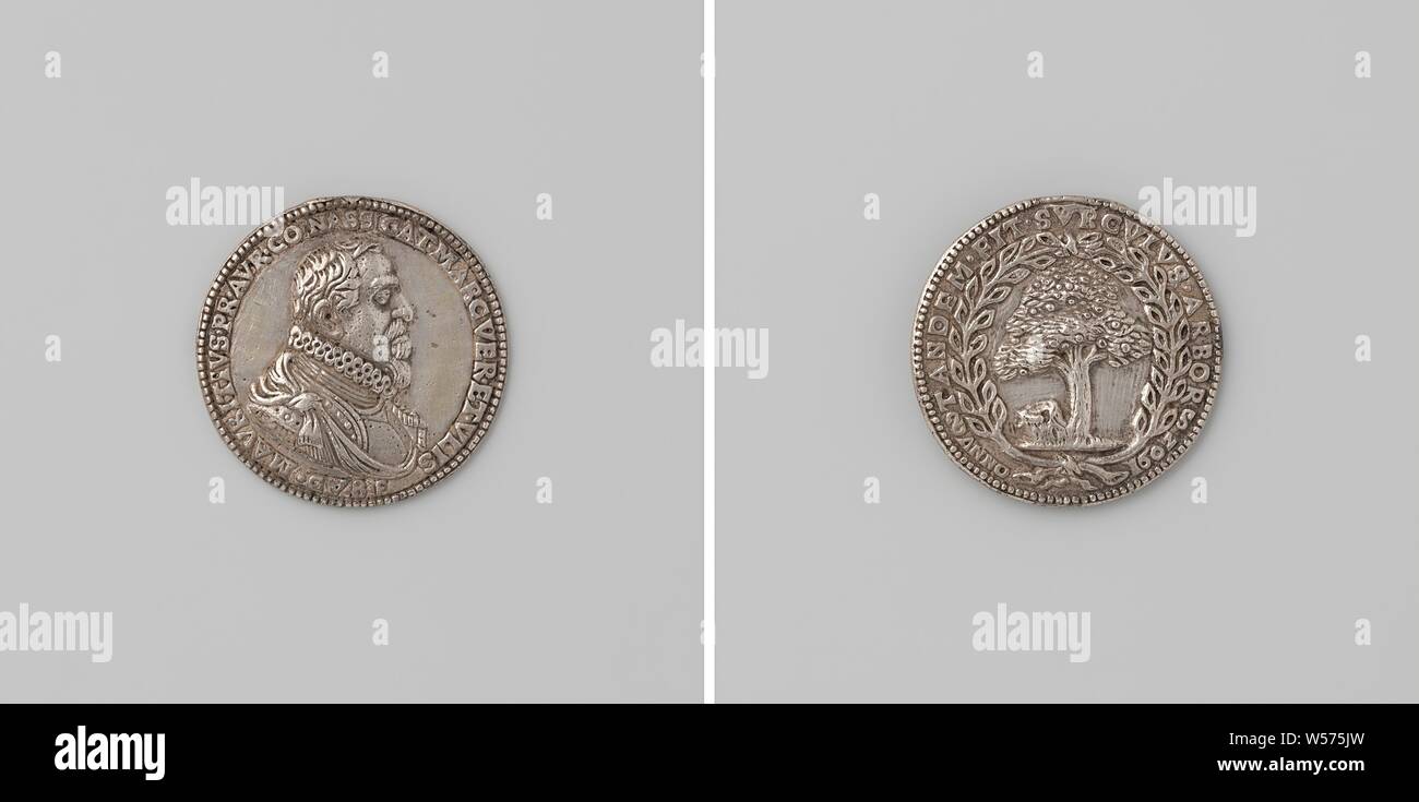 Capture of Grave, in honor of Prince Maurits, Silver Medal. Front: man's bust inside the inside. Reverse: mature tree sprung from severed trunk within a circle., Grave, Noord-Brabant, Maurits (Prince of Orange), Gerard van Bylaer, Dordrecht, 1602, silver (metal), striking (metalworking), d 3.3 cm × w 11.13 Stock Photo