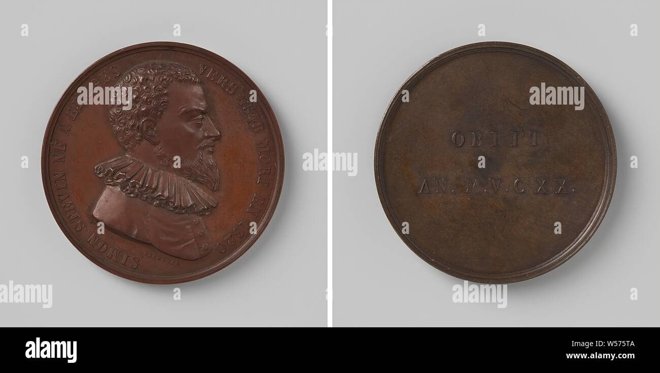 Death of Simon Stevin, Bronze Medal. Front: man's bust inside the inside. Reverse: scientific equipment with inscription under it, Simon Stevin, Adolphe Jouvenel, Brussels, 1848, bronze (metal), striking (metalworking), d 4.6 cm × w 42.36 Stock Photo