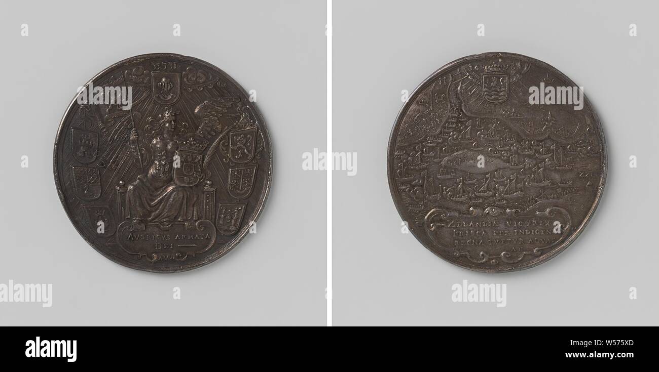 Battle of the Slaak, Silver Medal. Obverse: Victory with banner and crowned coat of arms, sitting on throne amid coat of arms of Zeeland. Reverse: sea battle under Zeeland coat of arms and above cartouche with inscription, Slaak, het, Anthonis Pietersz. van der Willigen, The Hague, 1631, silver (metal), striking (metalworking), d 5.2 cm × w 38.42 Stock Photo