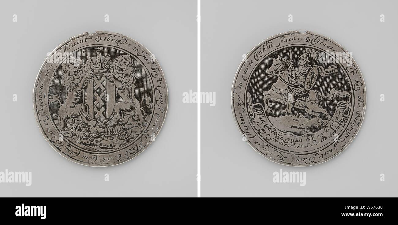 Siege of Amsterdam, medal awarded to the shooters after the siege, Silver medal. Obverse: crowned coat of arms of Amsterdam flanked by two lions for which lying soldier with broken weapons within a circle. Reverse: image of horseman above inscription inside inscription, Amsterdam, Willem II (Prince of Orange), anonymous, May-1650 - May-1652, silver (metal), engraving, d 5.4 cm × w 32.23 Stock Photo