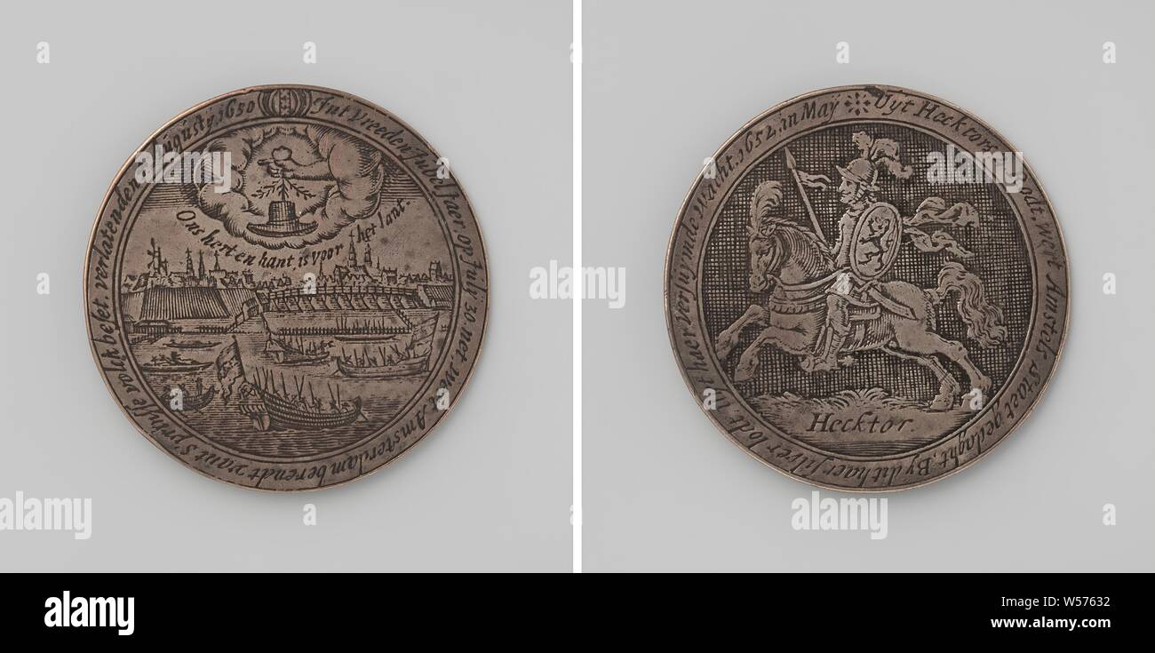 Siege of Amsterdam, medal awarded to the shooters after the siege, Silver medal. Front: view of Amsterdam and ships on the Amstel, above it hand out of clouds with heart, olive branch and freedom hat above inscription within inscription. Reverse: image of horseman above inscription inside inscription, Amsterdam, Willem II (Prince of Orange), anonymous, 1652, silver (metal), engraving, d 5.6 cm × w 31.27 Stock Photo