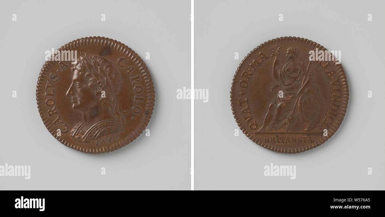 Charles II of England, ruler of the sea. Reverse: sitting Brittania with shield, spear and laurel branch within a circle, Charles II (King of England), Jean Roettiers, London, 1665, copper (metal), striking (metalworking), d 2.4 cm × w 64 Stock Photo